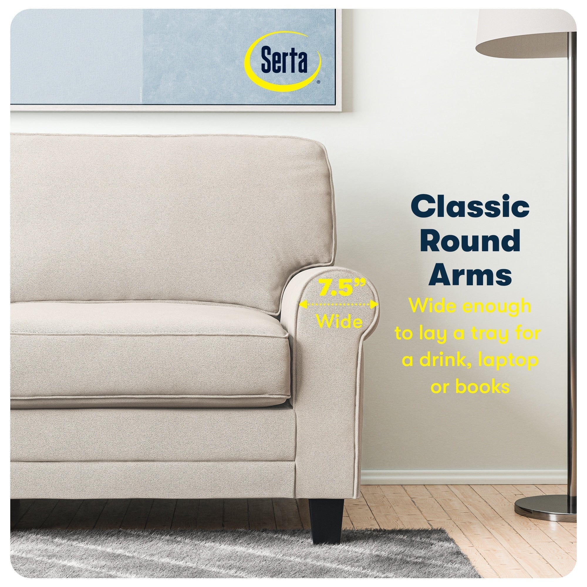 Serta Copenhagen 73 Rolled Arm Sofa, Easy Care Polyester, Soft Pillow Back, Pocket Coil Seat Cushions
