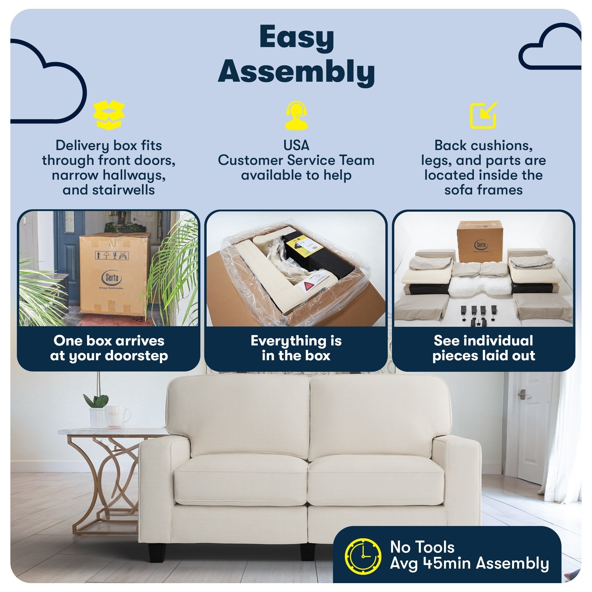 Serta Palisades 73 Track Arm Sofa, Easy Care Polyester, Soft Pillow Back, Pocket Coil Seat Cushions
