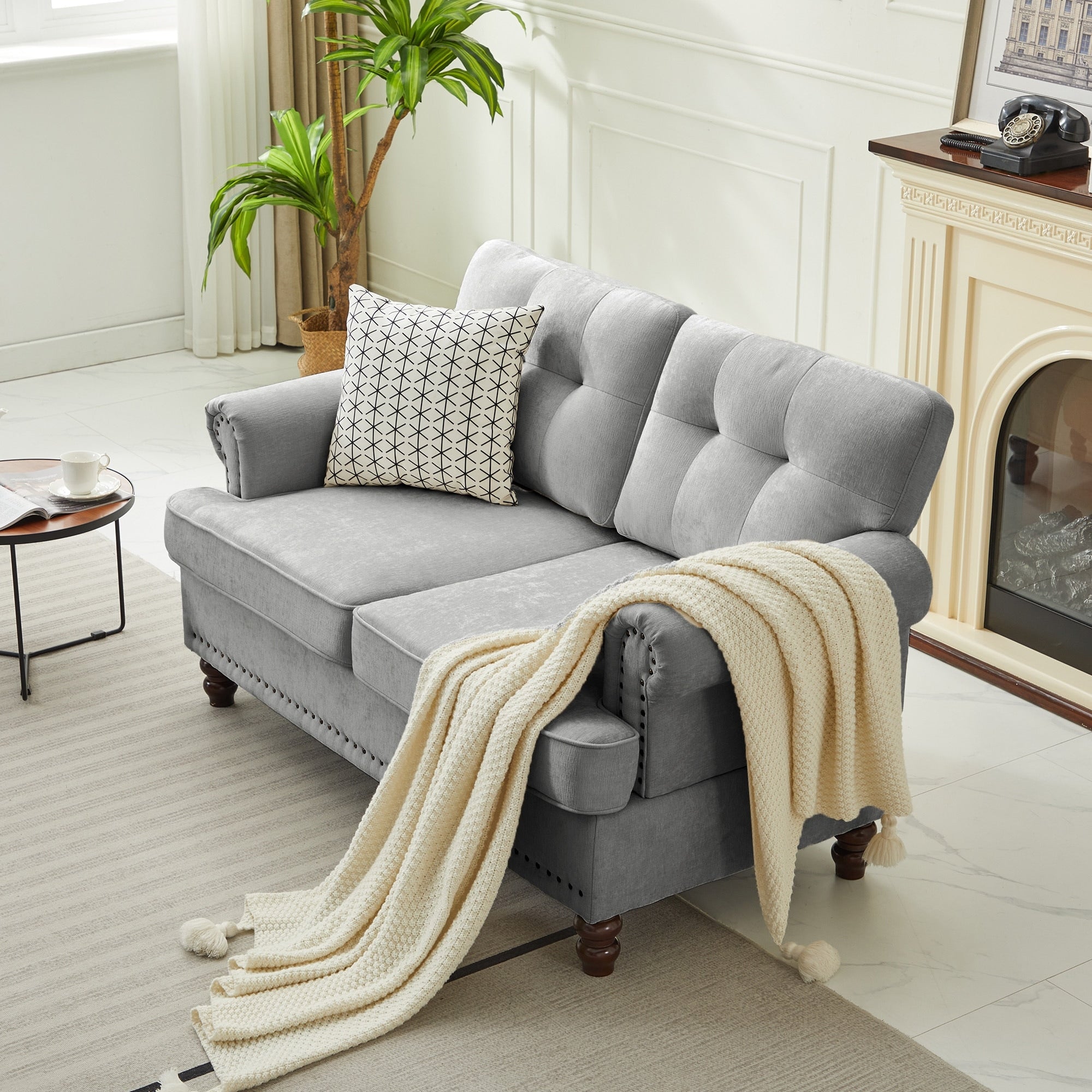Set of 3 Chenille Sofa Set for Living Room, Button-Tufted & Nailhead Upholstery, Solid Rubberwood Legs