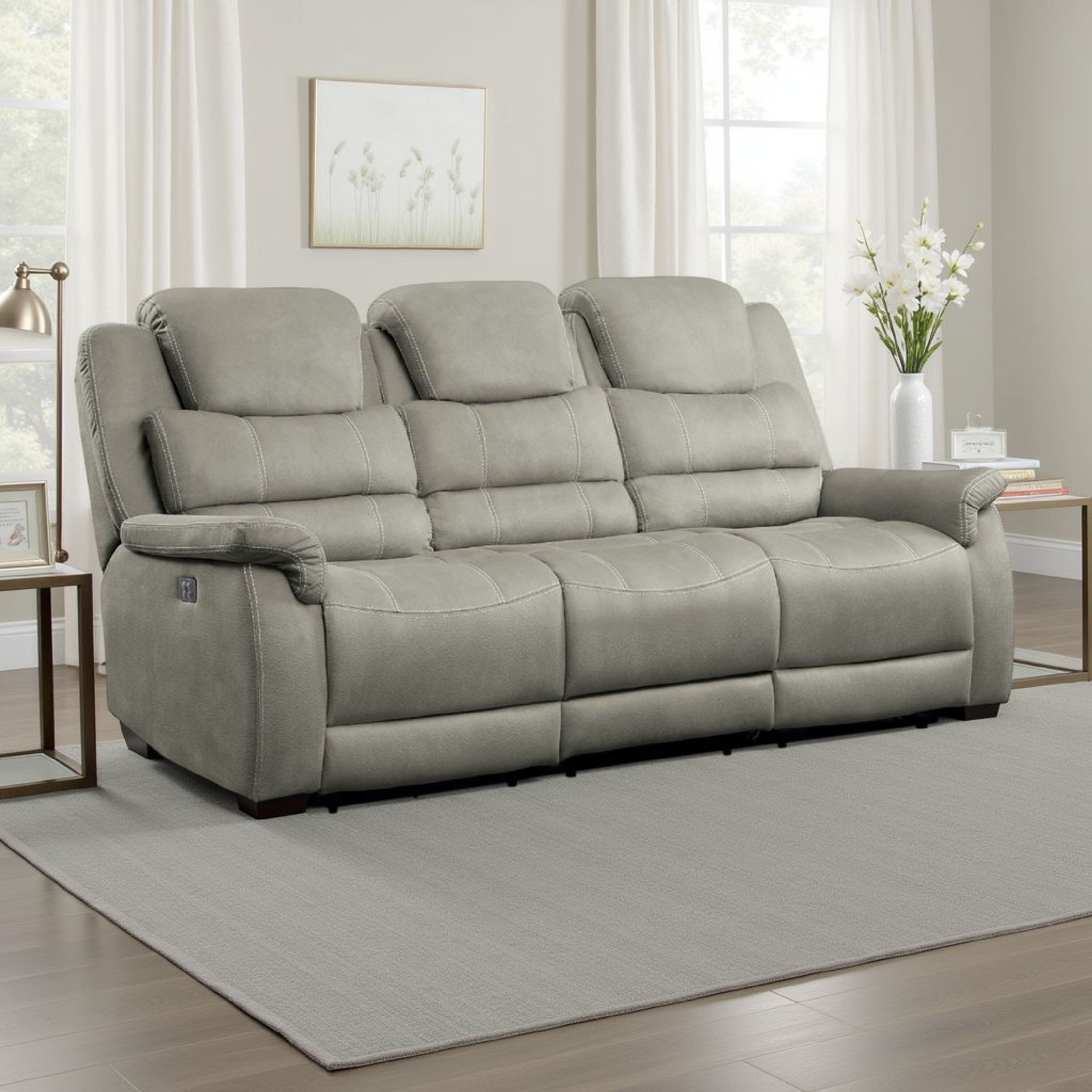 Shelly Power Recliner Sofa, Adjustable Headrest Gray Polyester 84 Inch