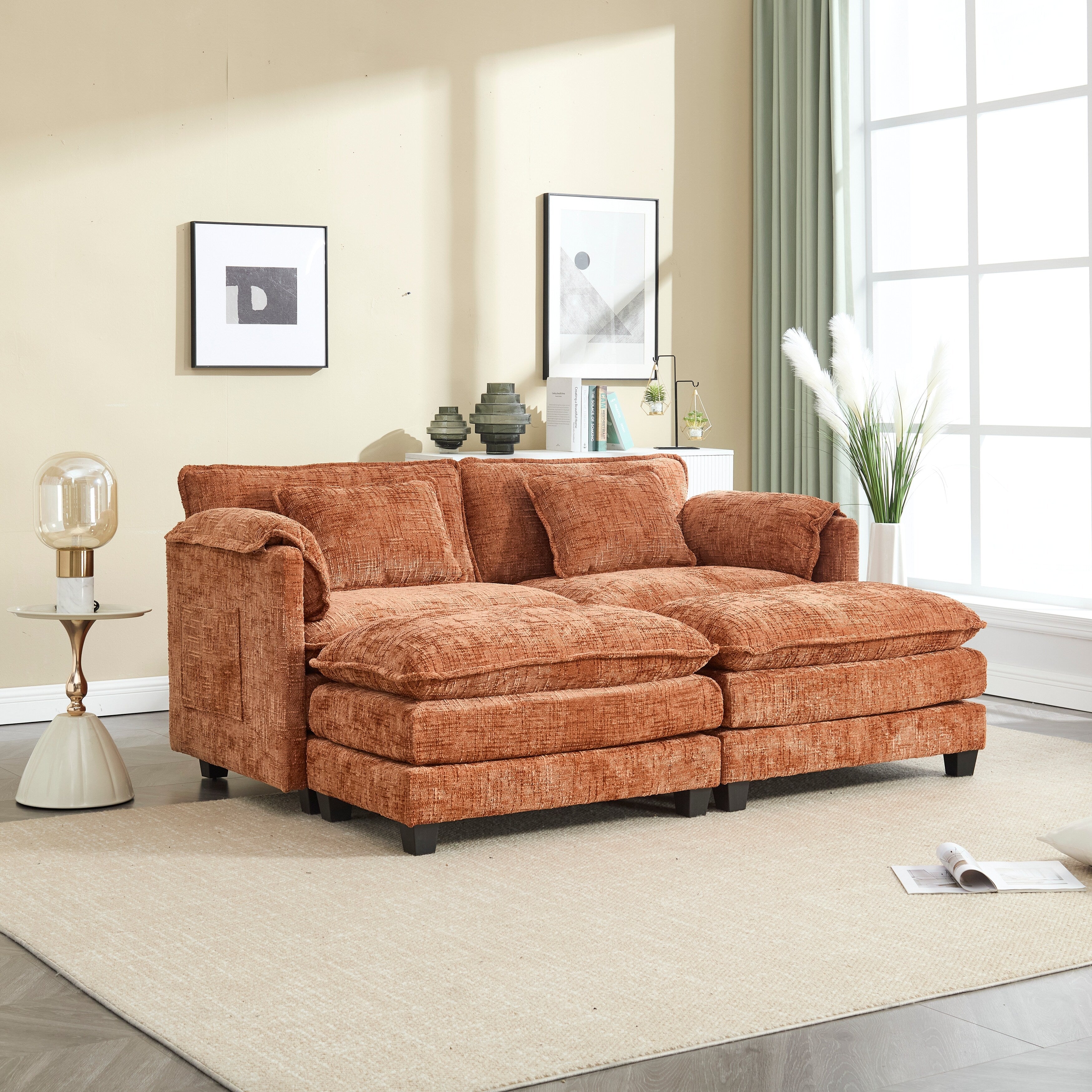 Solid Construction, the Overall Structure of the Sofa is Stable, Two Foot Stools and Two-seat Sofa with Side Pockets