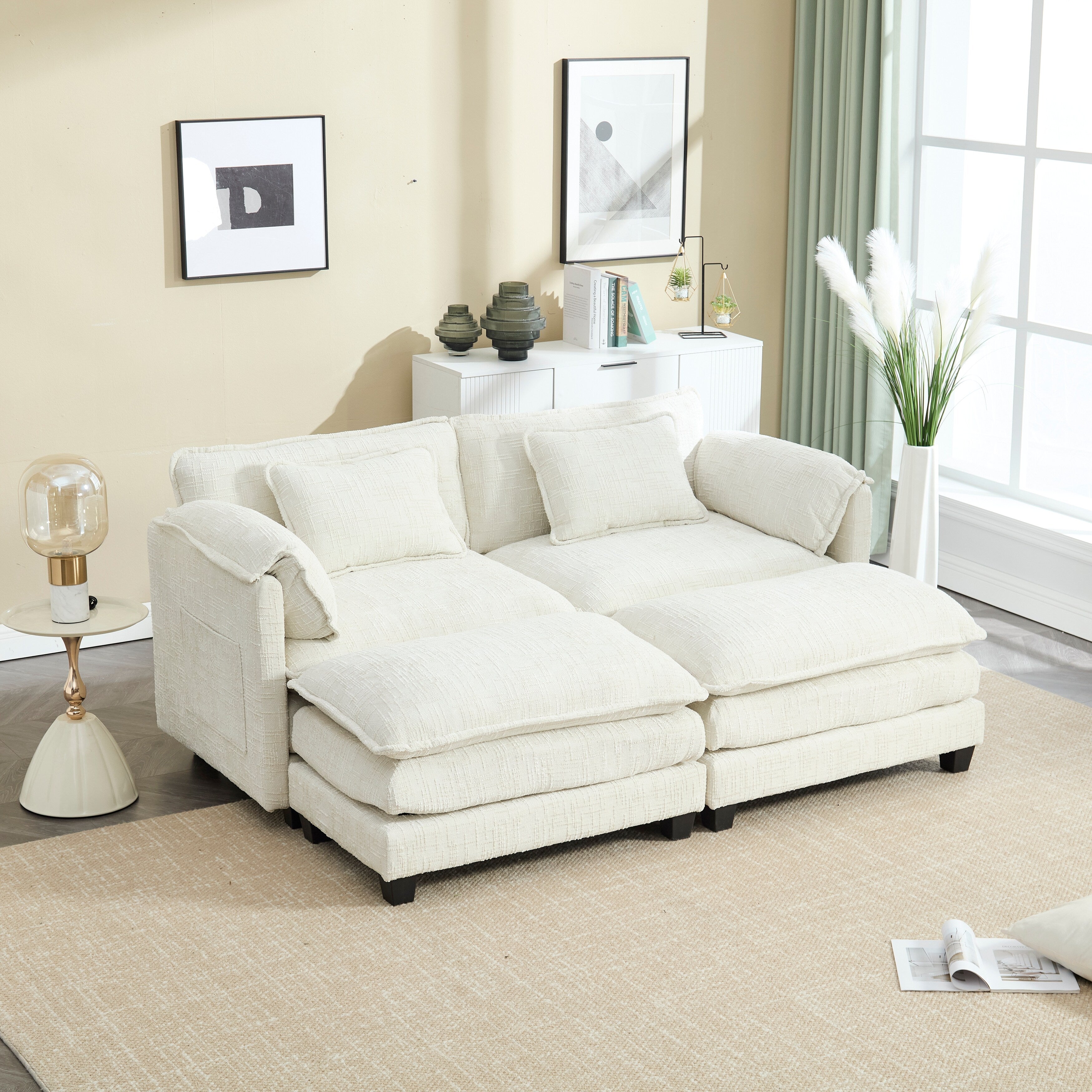 Solid Construction, the Overall Structure of the Sofa is Stable, Two Foot Stools and Two-seat Sofa with Side Pockets
