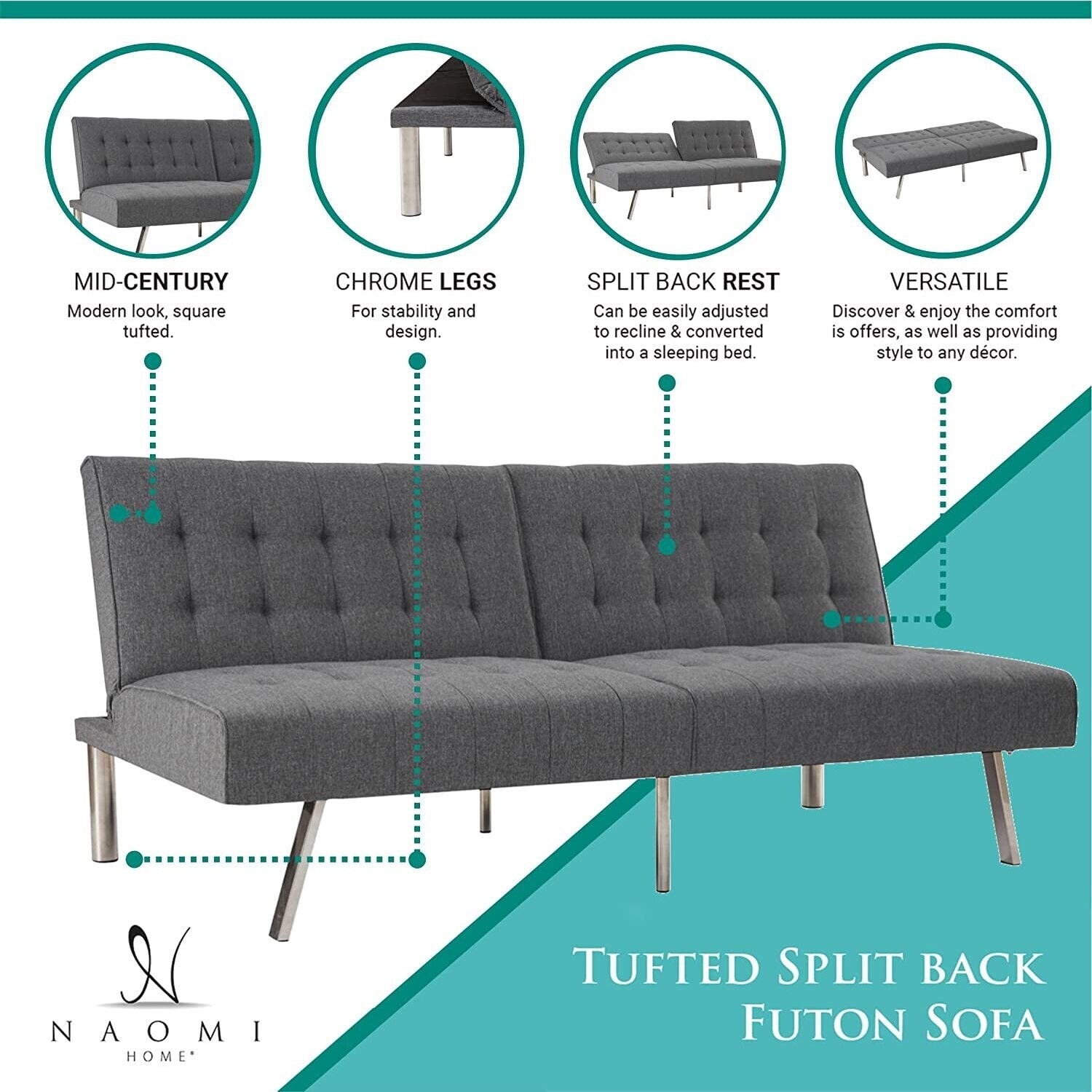 Tufted Mid-Century Modern Split Back Futon Sofa Couch Bed with Chrome Legs