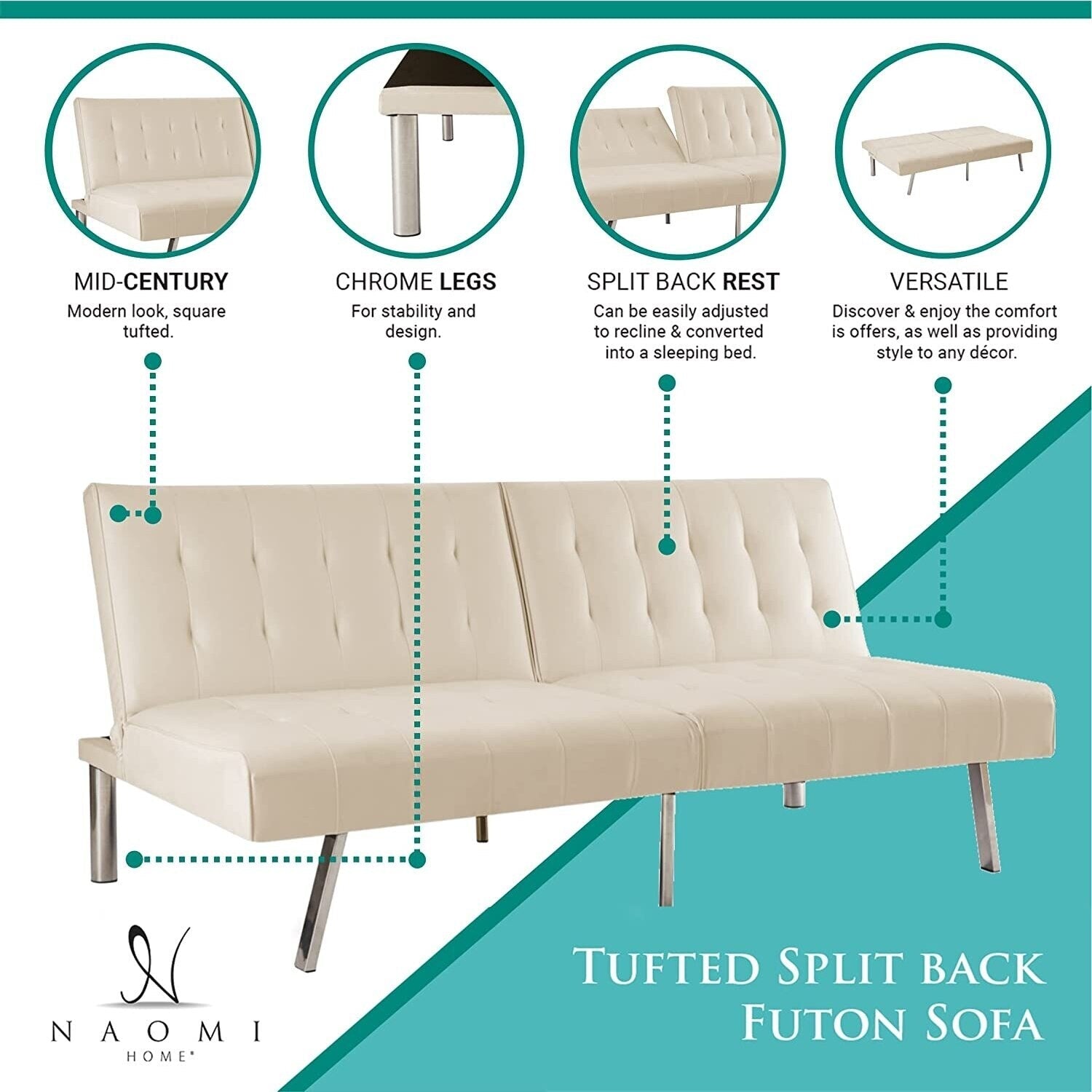 Tufted Mid-Century Modern Split Back Futon Sofa Couch Bed with Chrome Legs