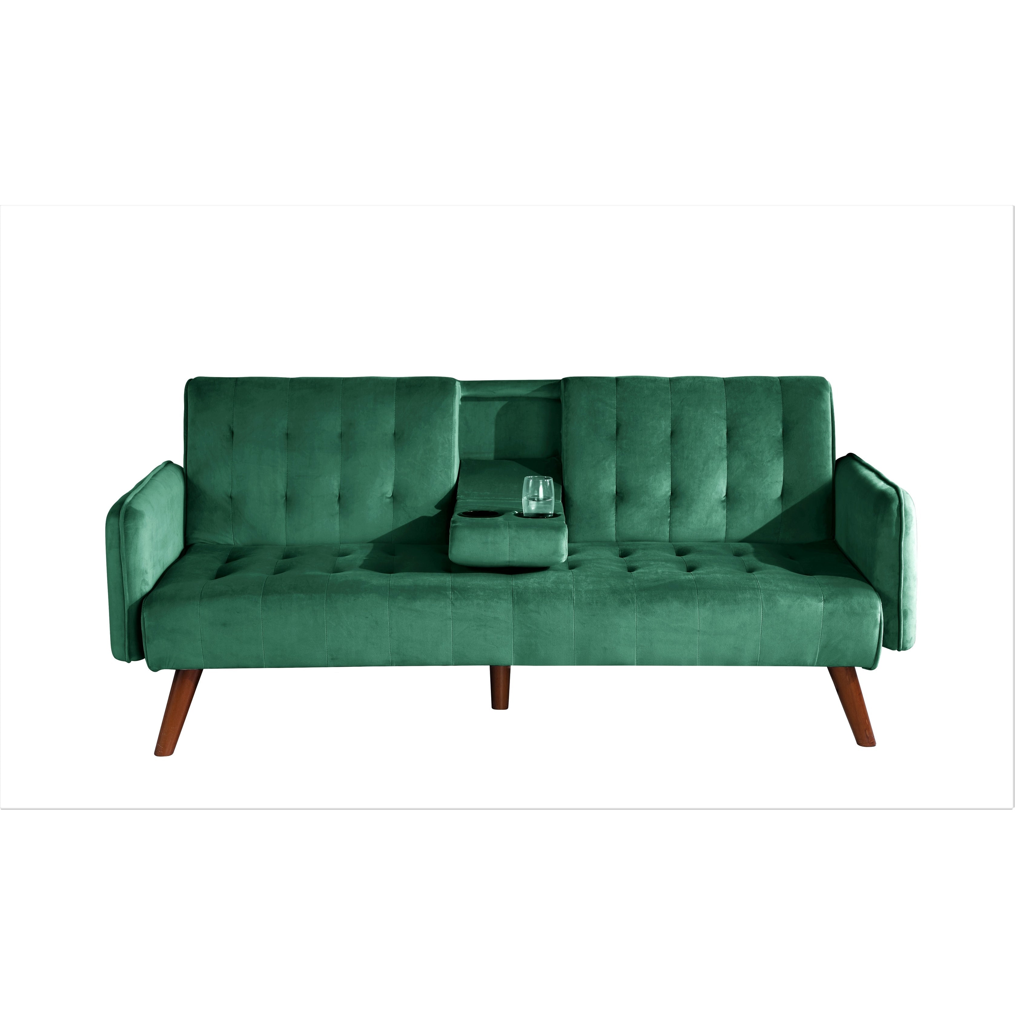 Velvet Upholstered Convertible Folding Futon Sofa Bed Sleeper Couch with 2 Cup Holders for Compact Living Room