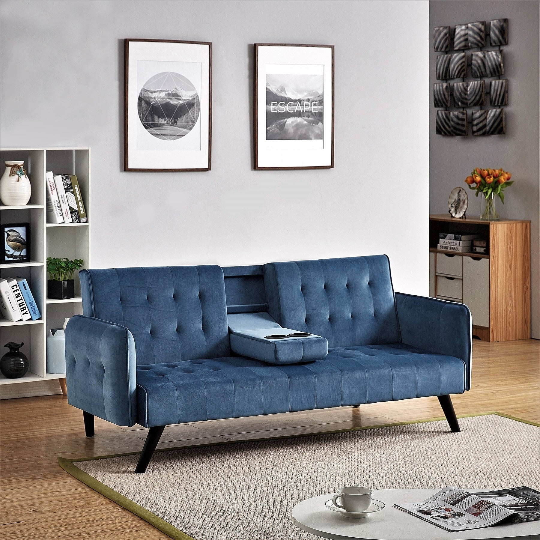 Velvet Upholstered Convertible Folding Futon Sofa Bed Sleeper Couch with 2 Cup Holders for Compact Living Room