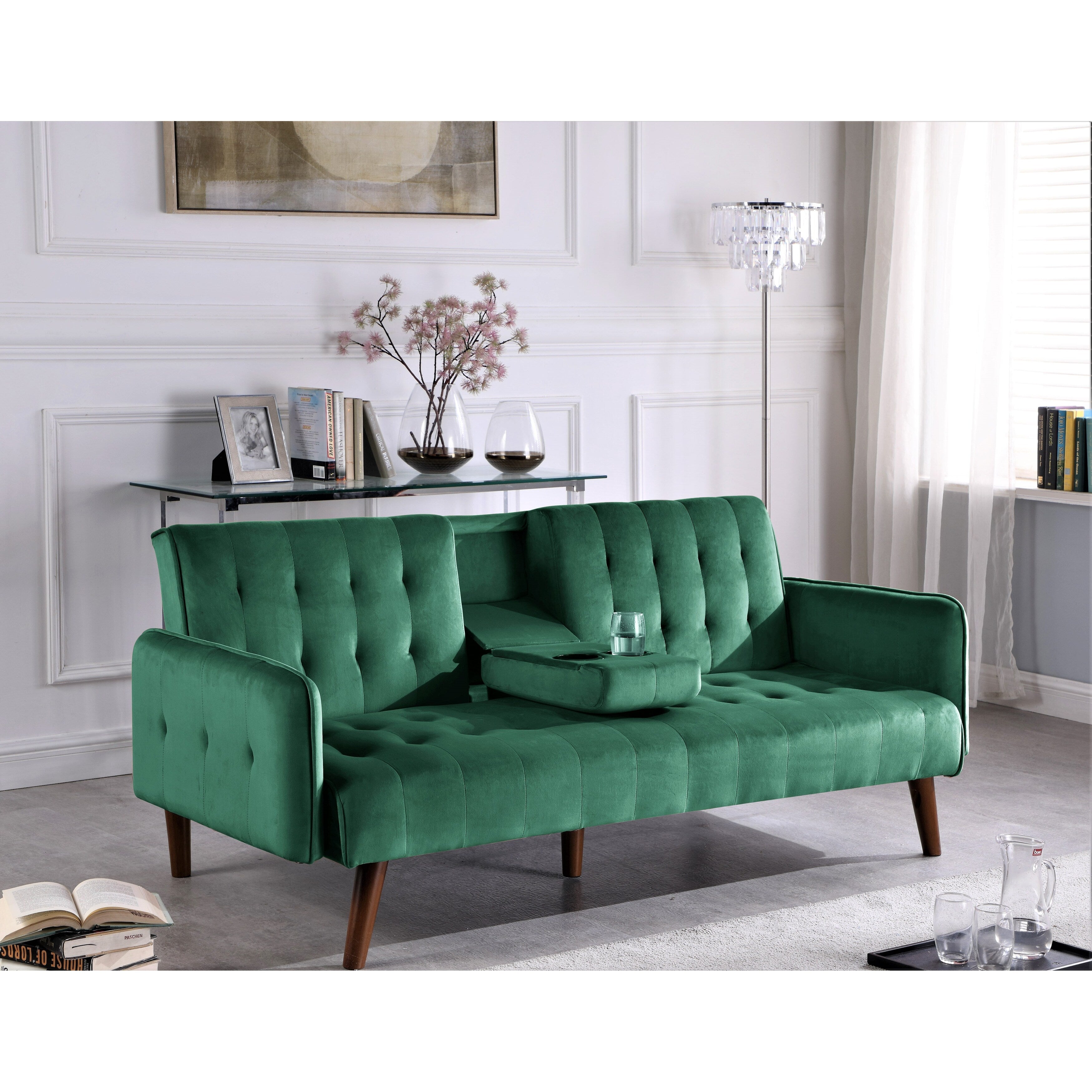 Velvet Upholstered Convertible Folding Futon Sofa Bed Sleeper Couch with 2 Cup Holders for Compact Living Room