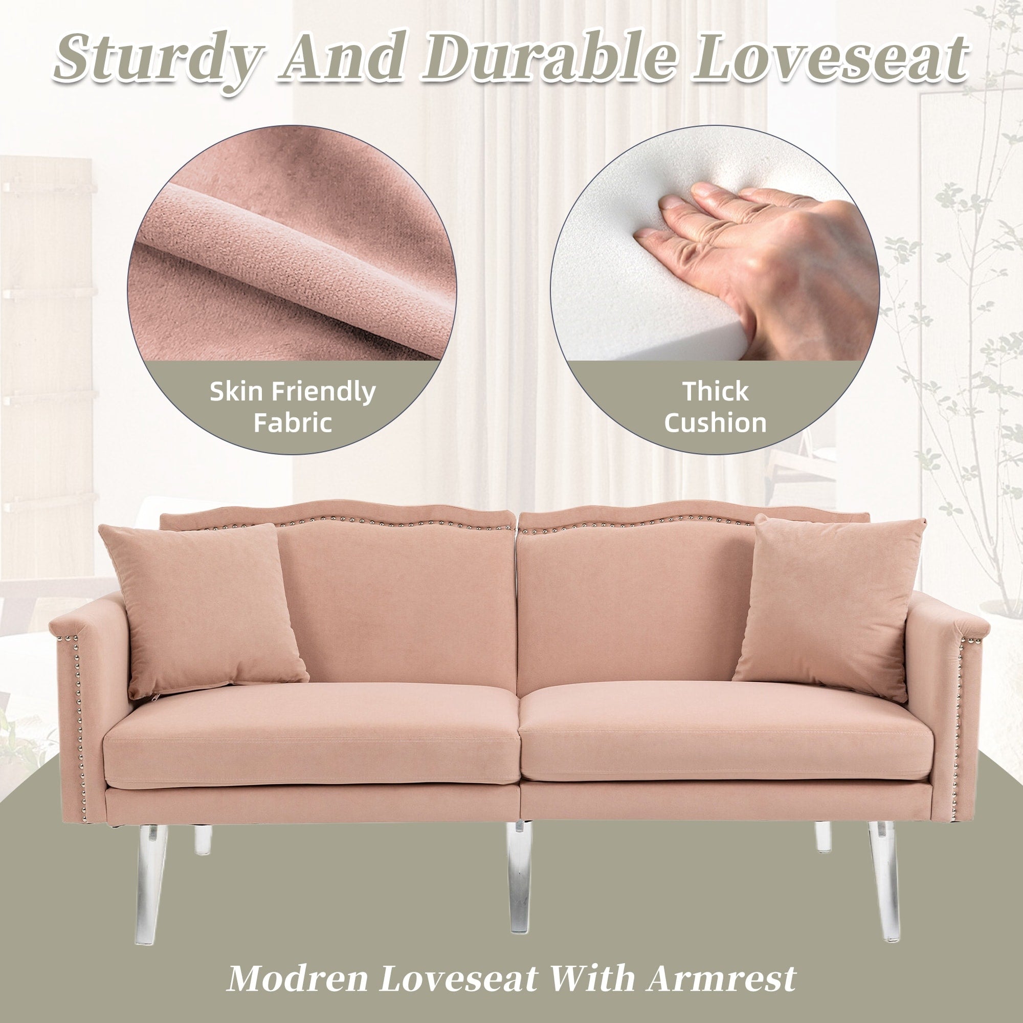 Velvet Upholstered Nailheads Loveseats Sleeper Sofa With Acrylic Feet