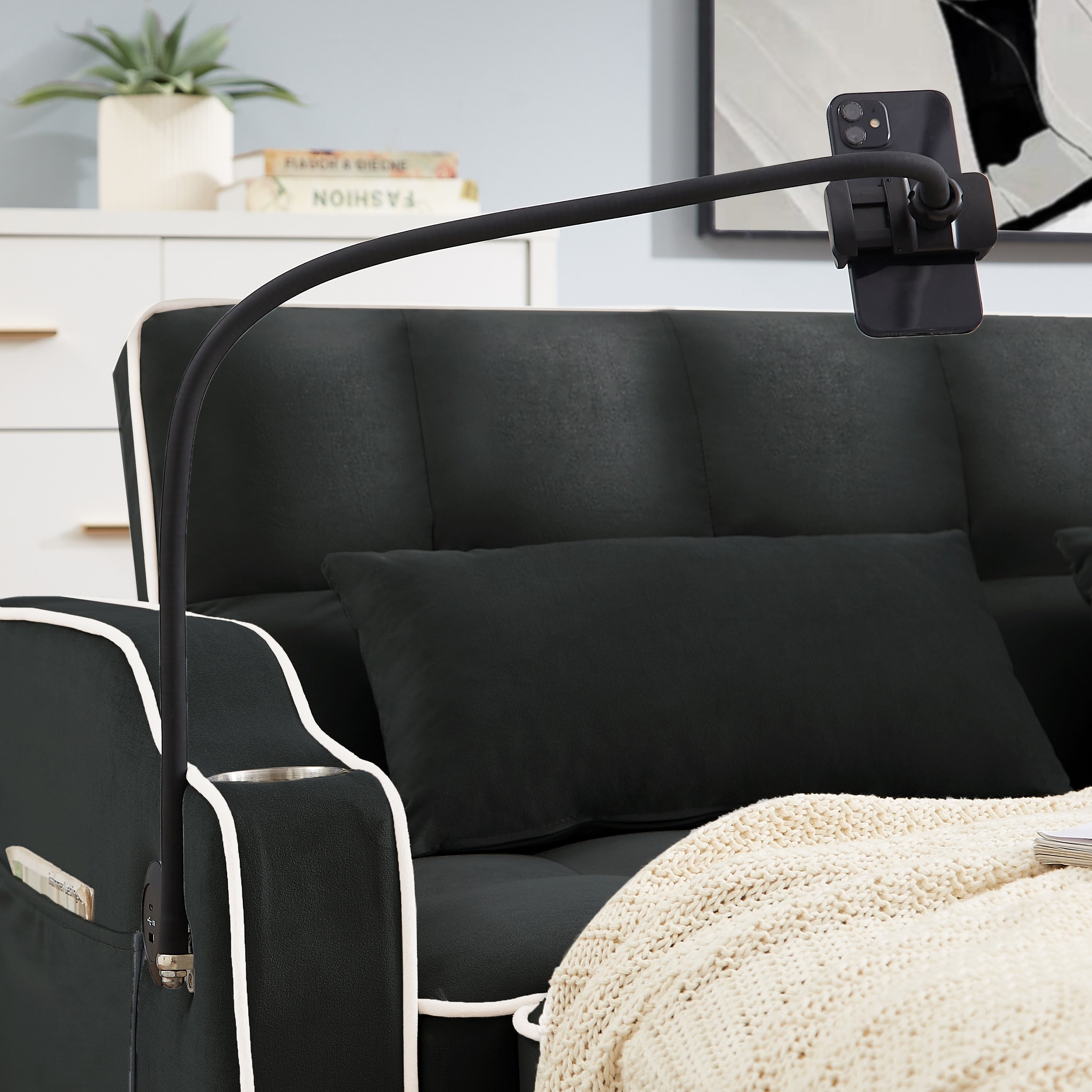 Versatile foldable Velvet sofa bed with Adjustable Back USB Port Phone Stand
