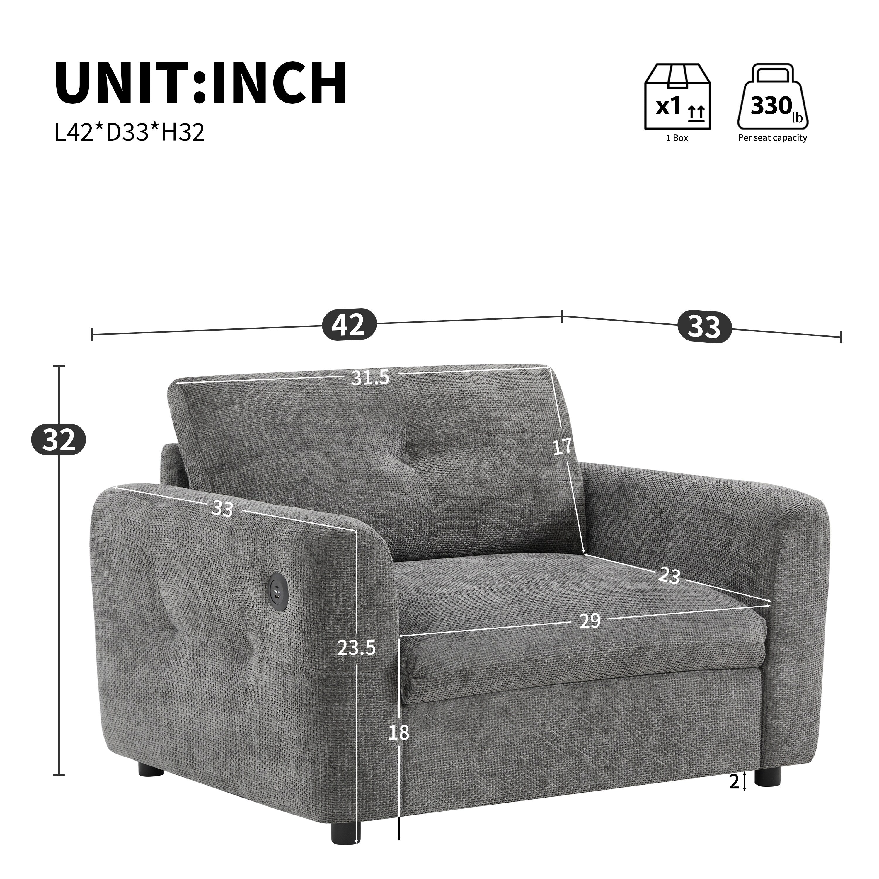 42*33 Chenille Single Sofa Armchair Wide Seat Dual Charger 2 Colors