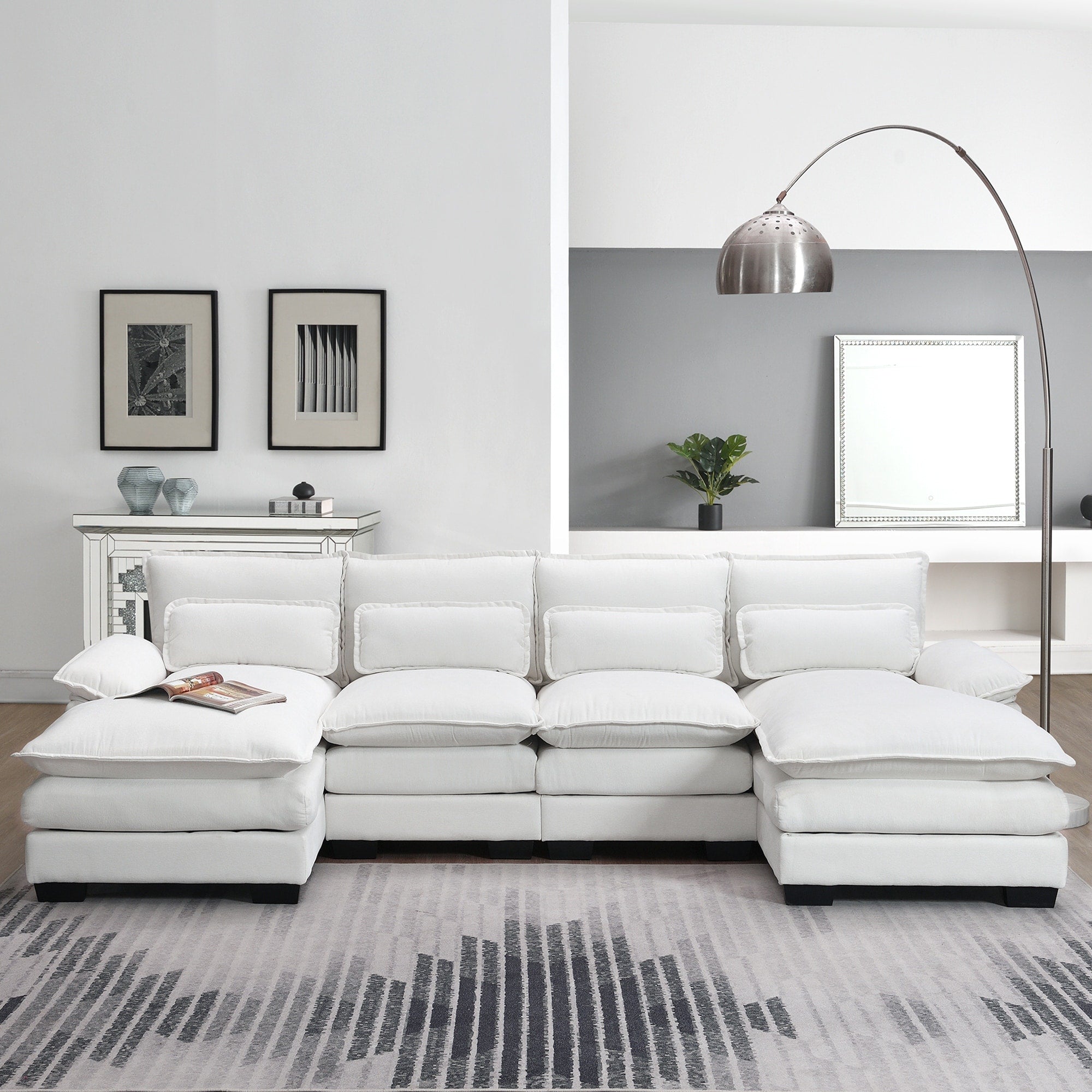 [VIDEO provided][New]109.8*55.9 Modern U-shaped Sectional Sofa with Waist Pillows,6-seat Upholstered Symmetrical Sofa Furniture