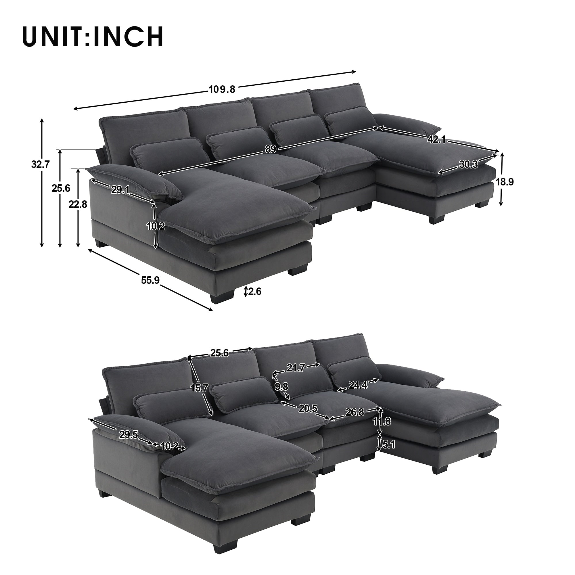 [VIDEO provided][New]109.8*55.9 Modern U-shaped Sectional Sofa with Waist Pillows,6-seat Upholstered Symmetrical Sofa Furniture