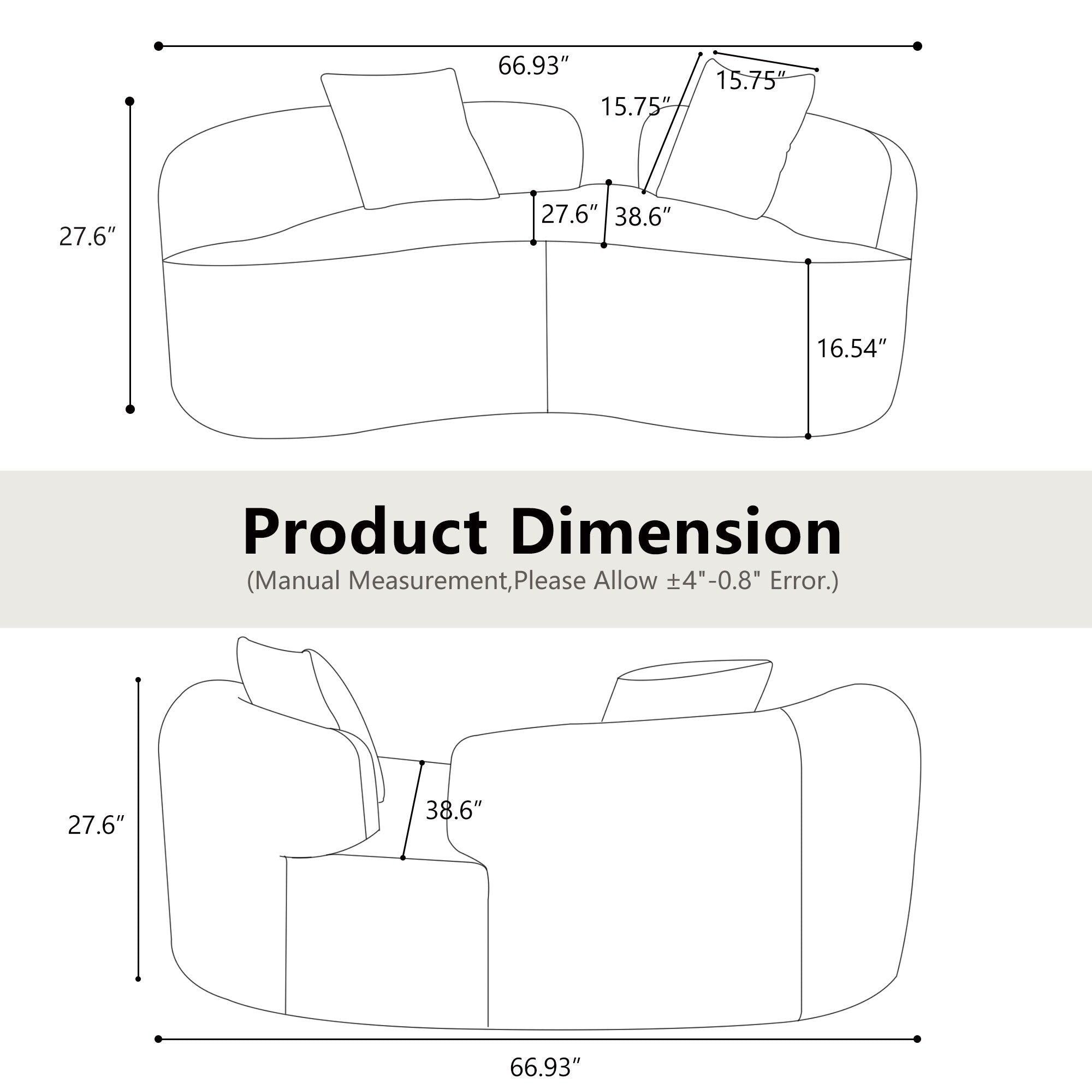 66.93 Inch Curved Loveseat Grey Full Compression Sponge Sofa, Teddy Velvet Fabric, No-Assembly Compact Sofa