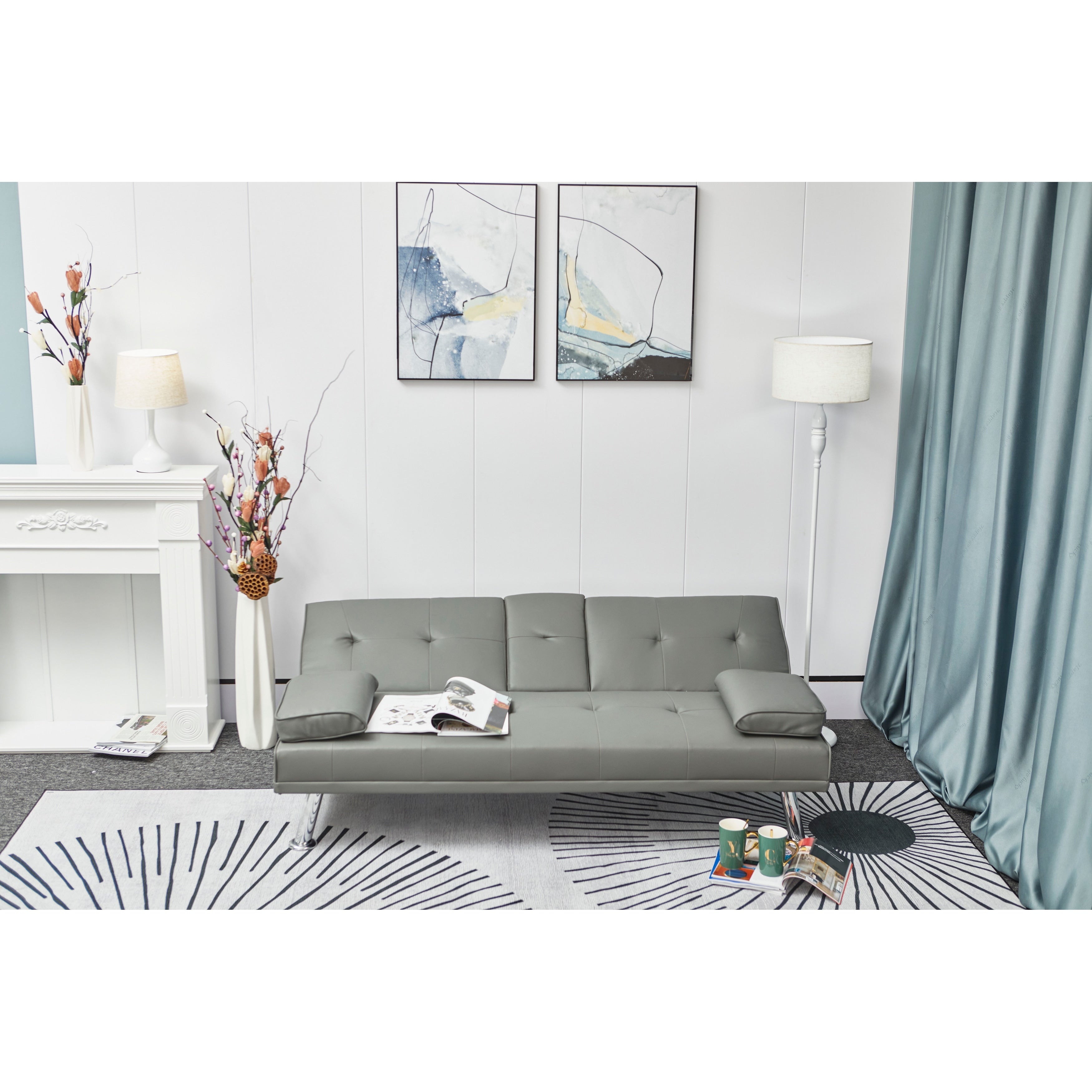 White Leather Multifunctional Pull-out Sofa Bed with Coffee Table - 31.00 x 67.00 x 33.00