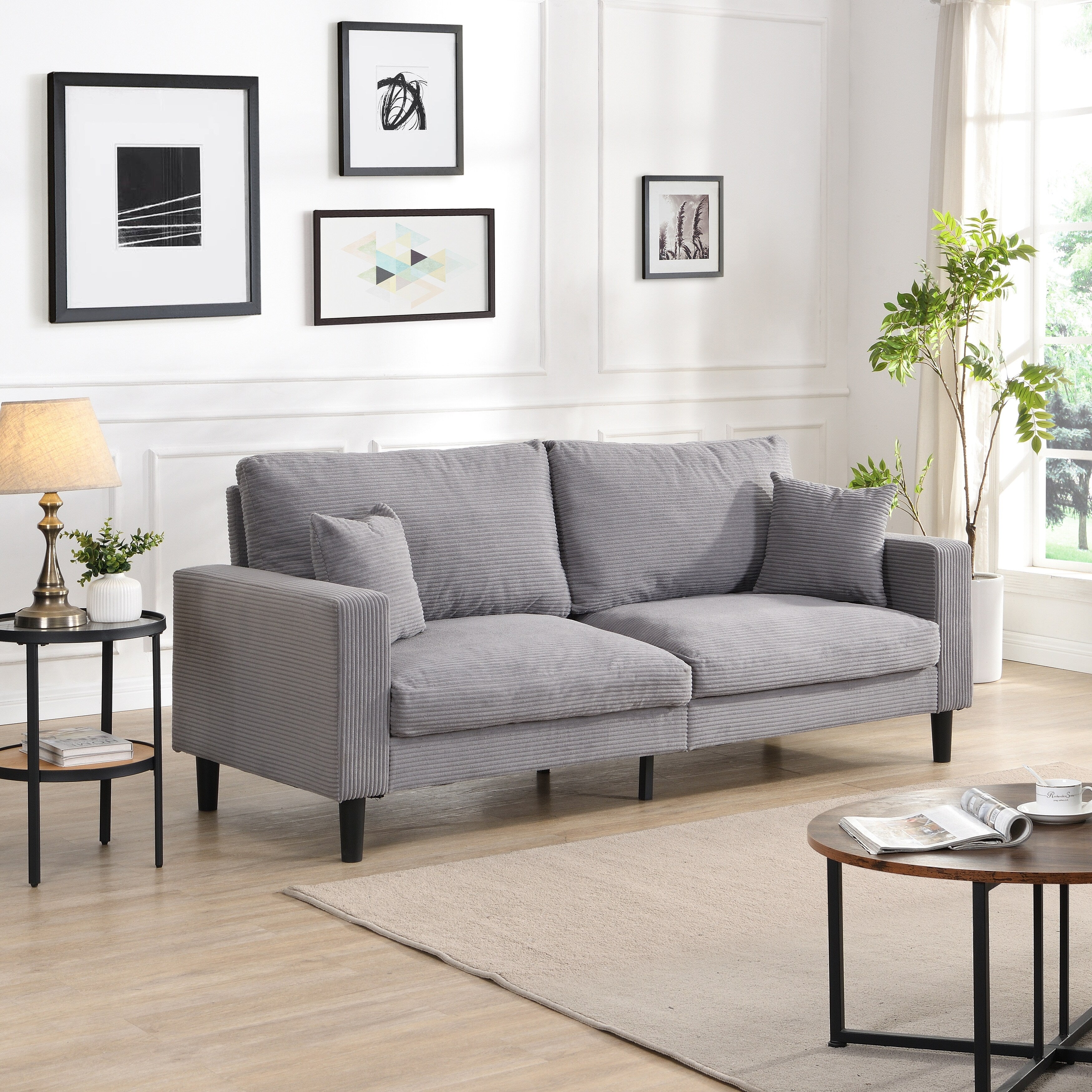 74 inch High Resilience 3 Seater Sofa Wooden Frame Comfy Modern Upholstered Light Gray