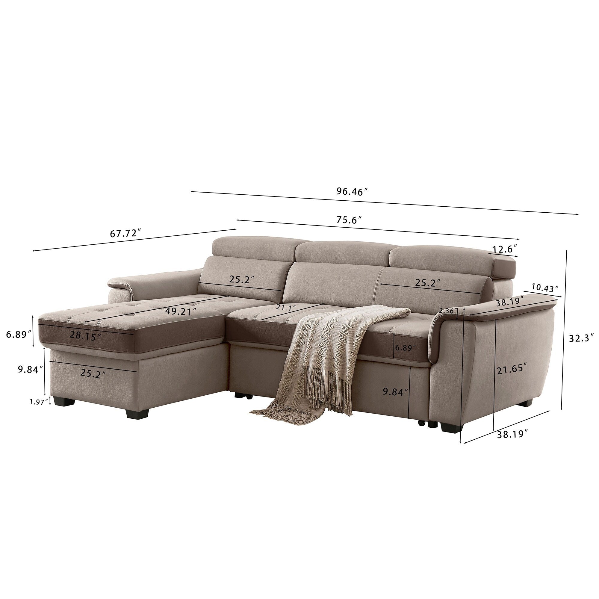 96 Wide Sleeper Sofa Chaise Reversible with Pull-Out Bed