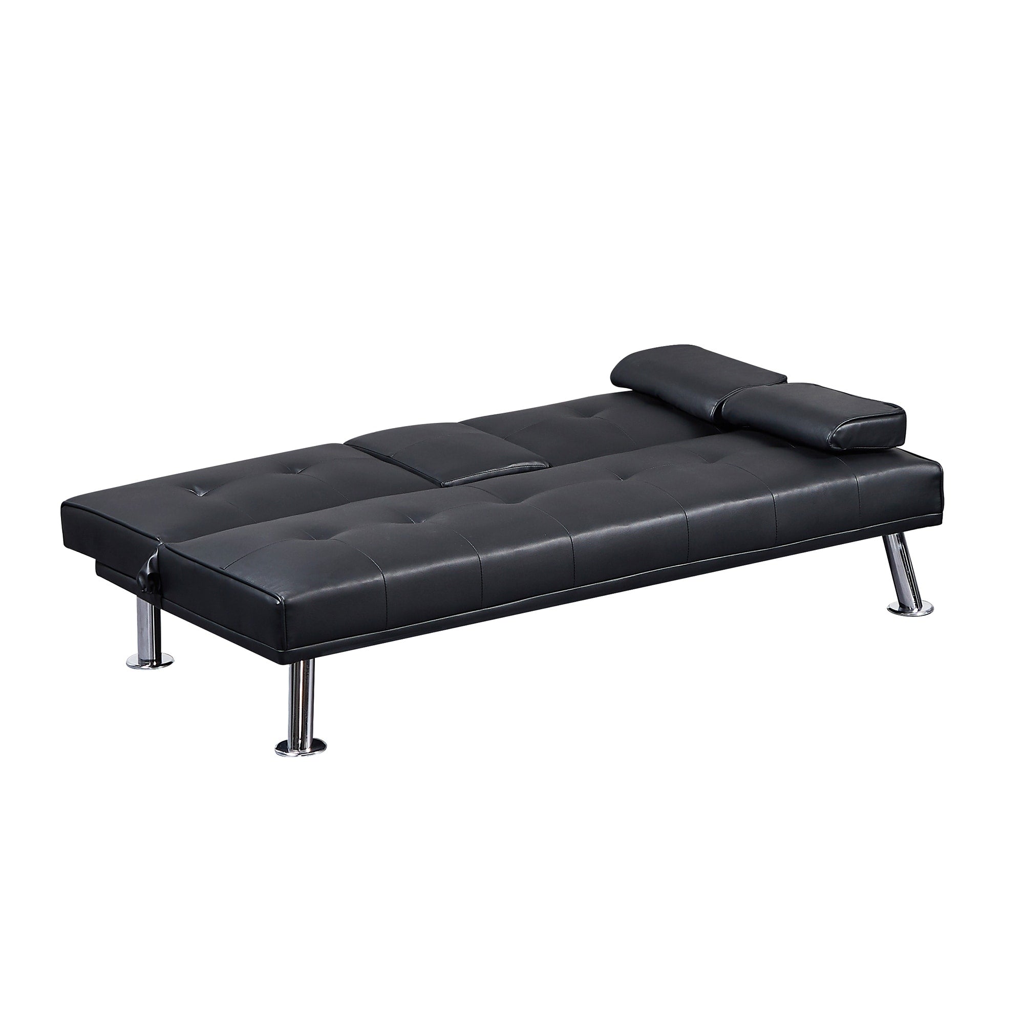Black Faux Leather Loveseat Sofa Bed With Cup Holders , Convertible Folding Sleeper Couch Bed . - 31.50 x 65.75 x 29.53
