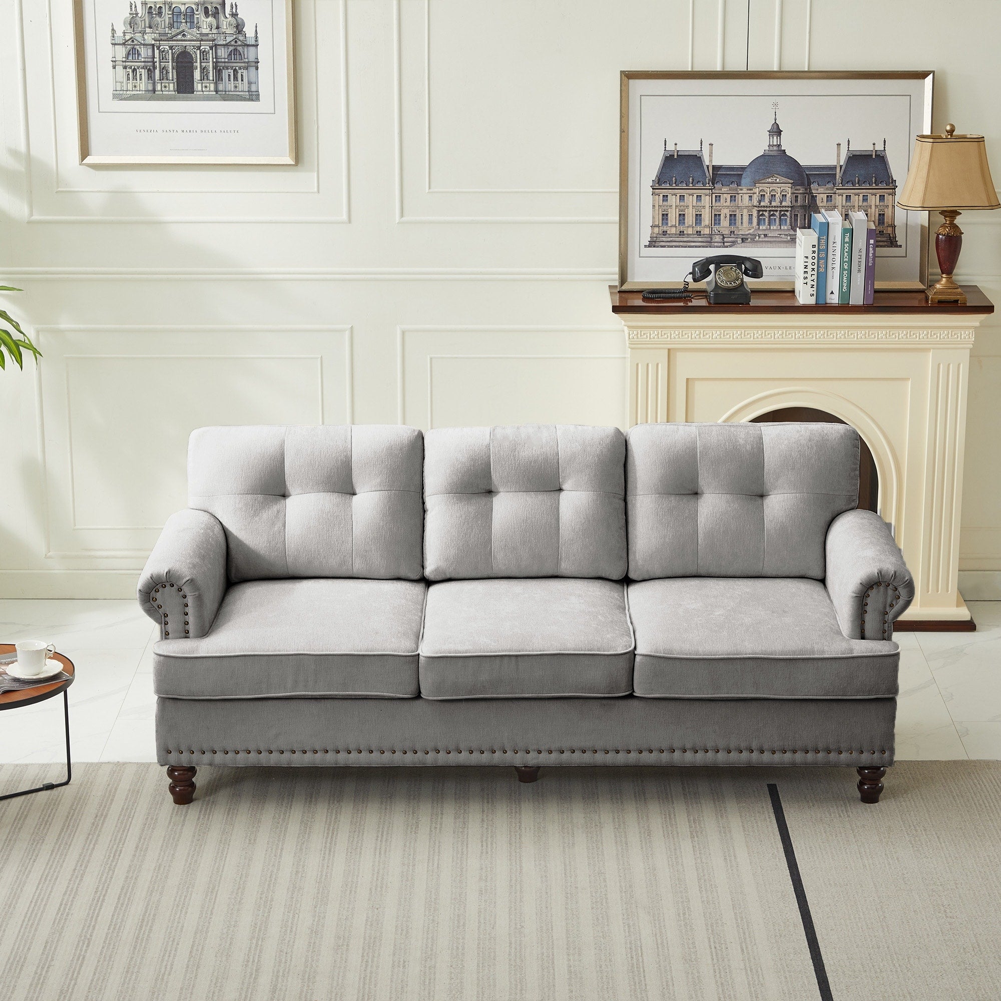 Set of 3 Chenille Sofa Set for Living Room, Button-Tufted & Nailhead Upholstery, Solid Rubberwood Legs