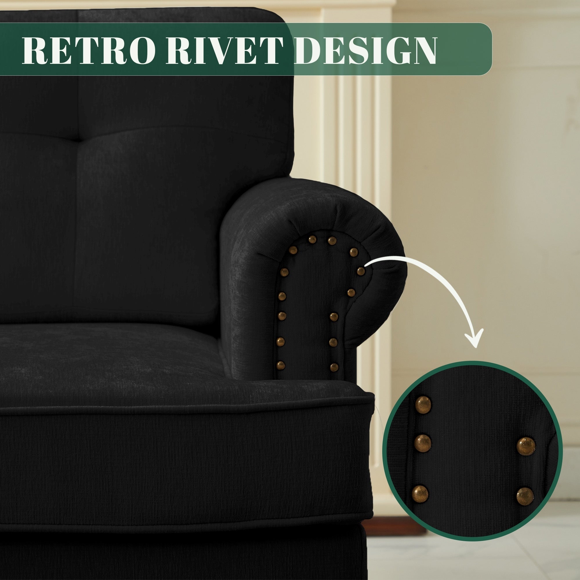 Set of 3 Chenille Sofa Set for Living Room, Button-Tufted & Nailhead Upholstery, Solid Rubberwood Legs