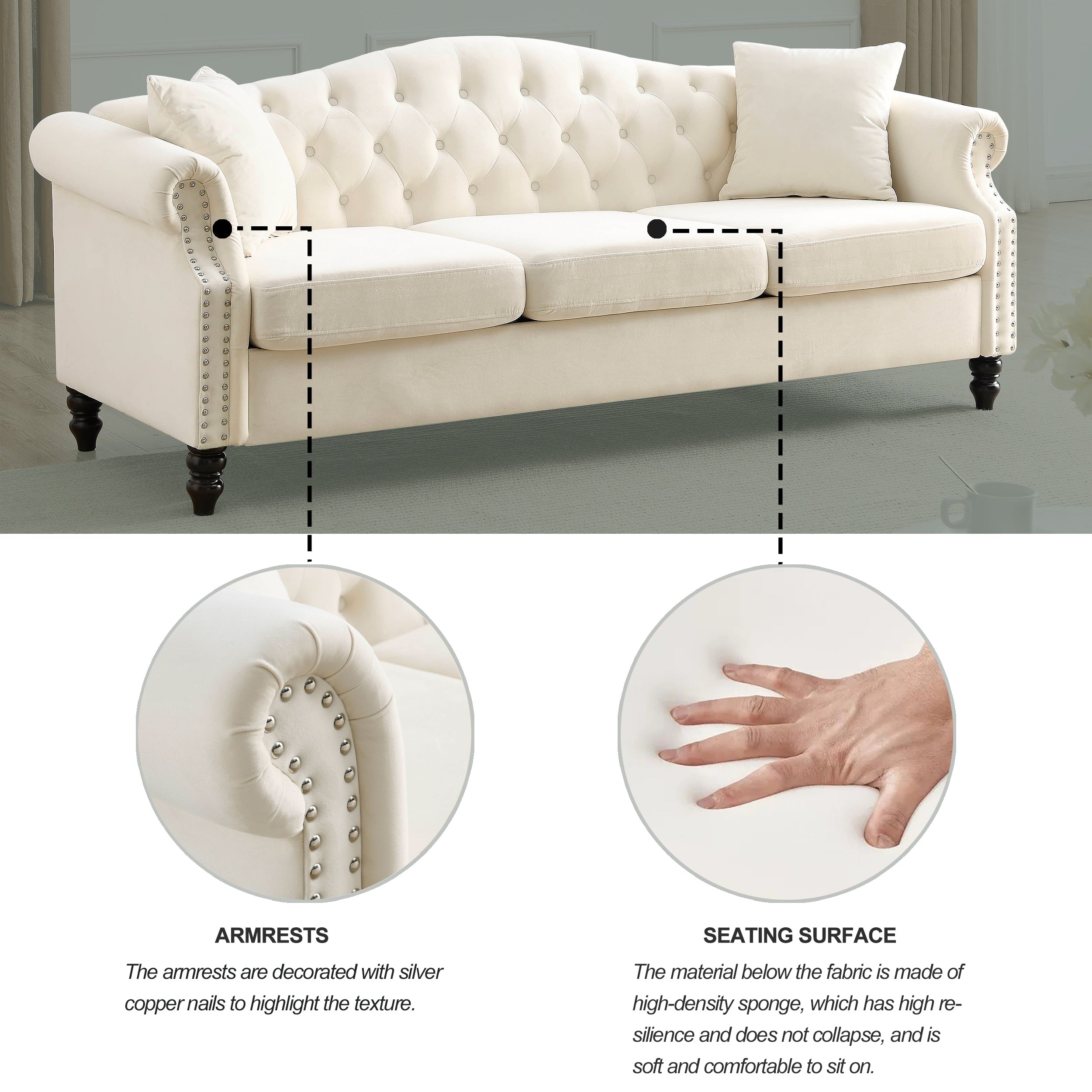 Chesterfield 3-Seater Upholstered Tufted Sofa with Rolled Arms and Nailhead