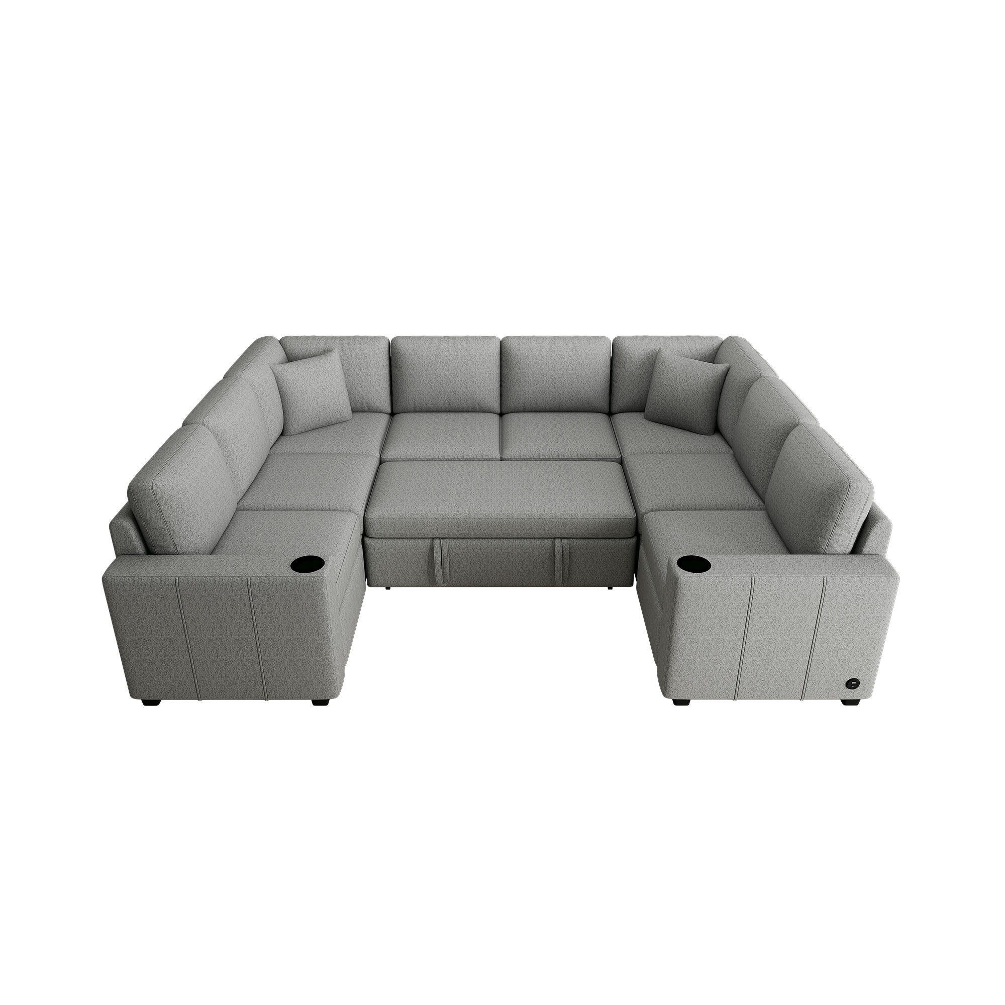 Convertible U-Shaped Sectional Sofa with Pull-Out Bed, USB Ports and Cup Holders for Living Room