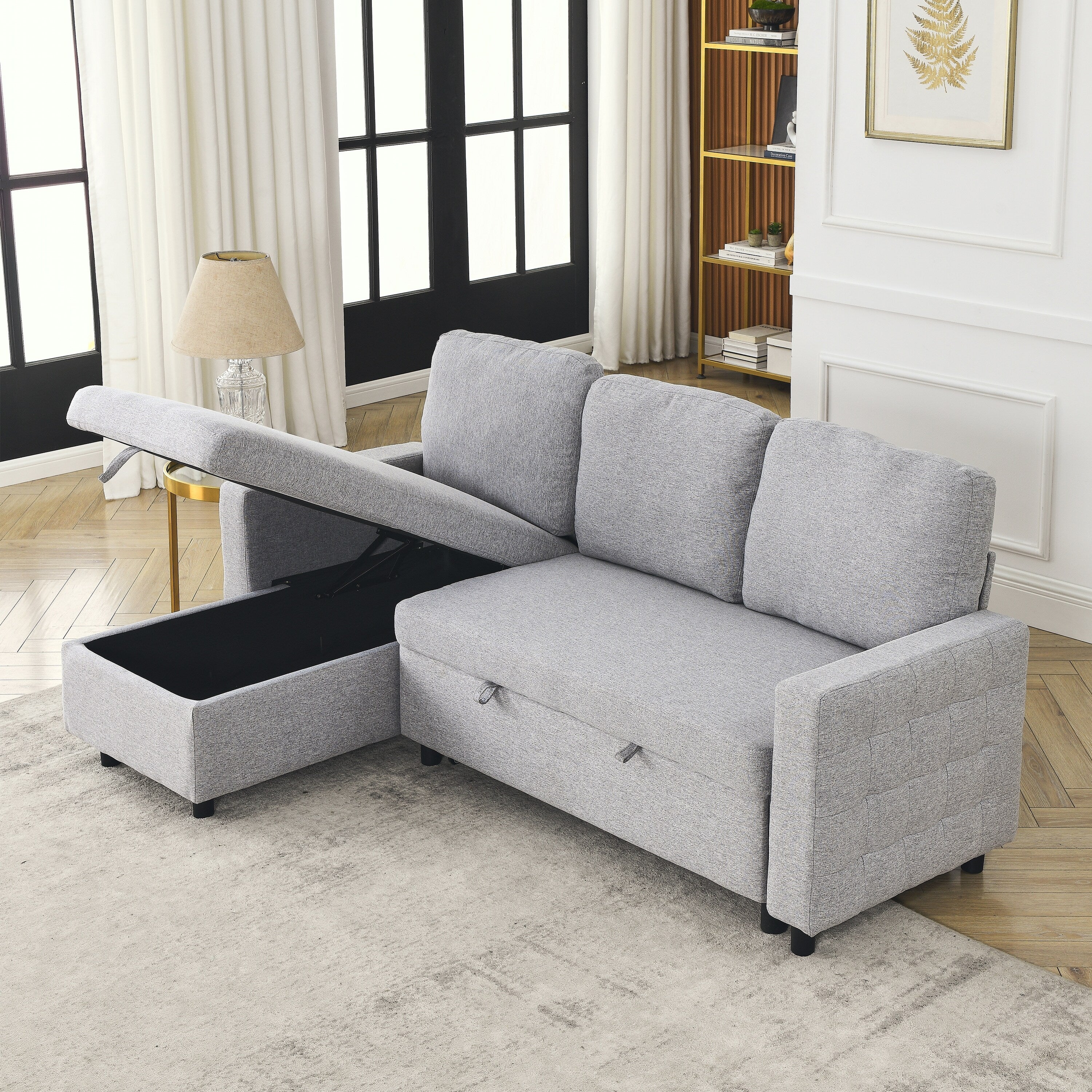 FX 78.8 Reversible Sleeper Combo Sofa with Pullout Bed, Comfortable Linen L-Shaped Combo Sofa Sofa Bed, Living Room Furniture S
