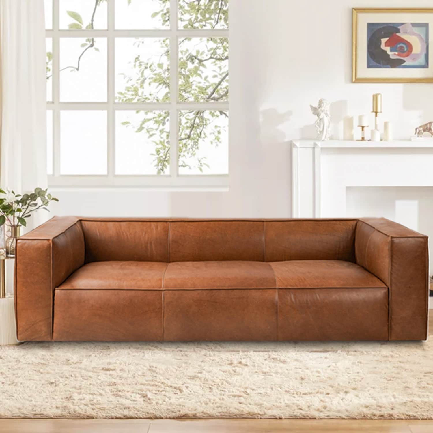 UR livingroom Full Aniline Leather Sofa Modern Genuine Leather Sofa Couch for Living Room - 100W x 43D x 26.25H