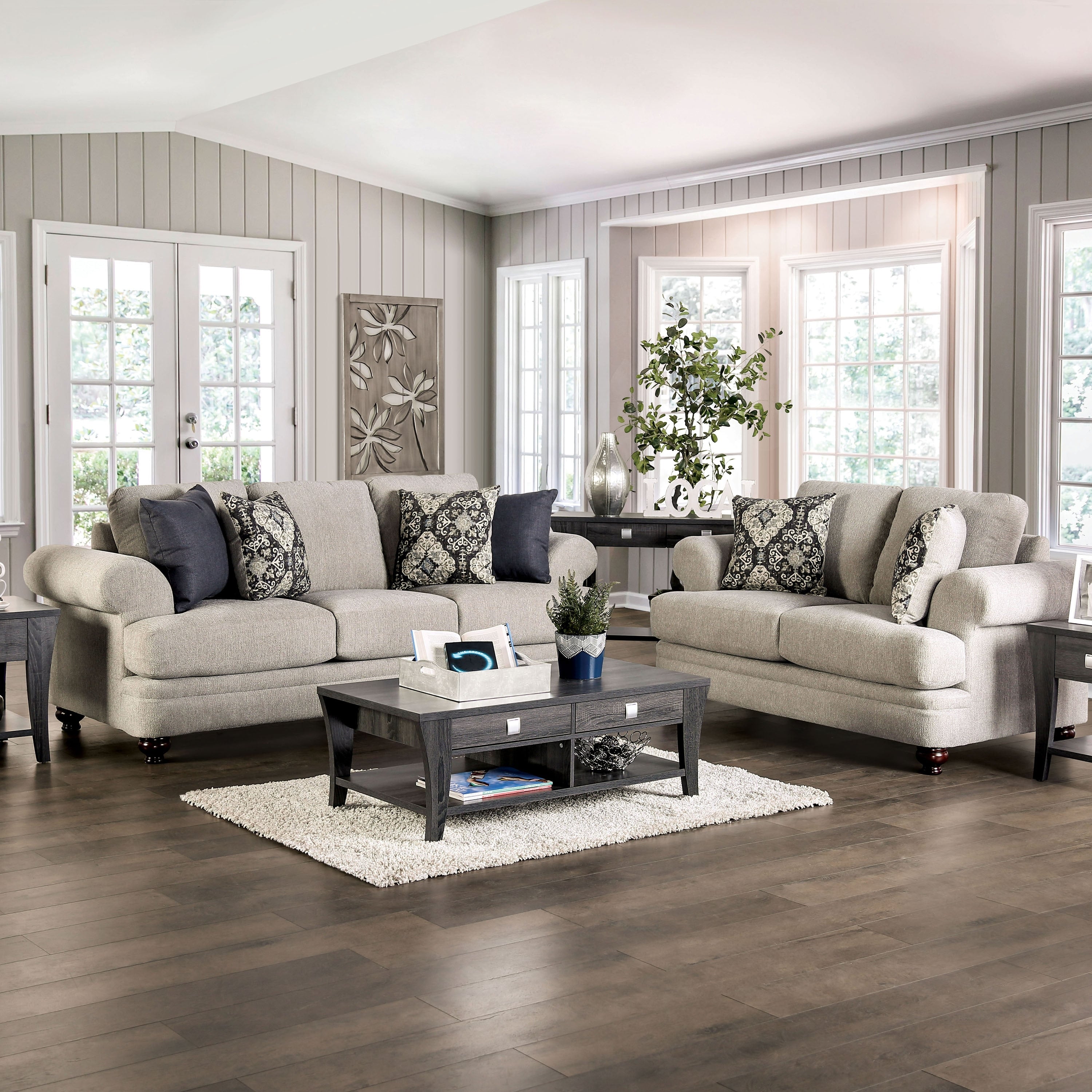 Frane Transitional Beige Chenille Upholstered T-Cushion Sofa by Furniture of America