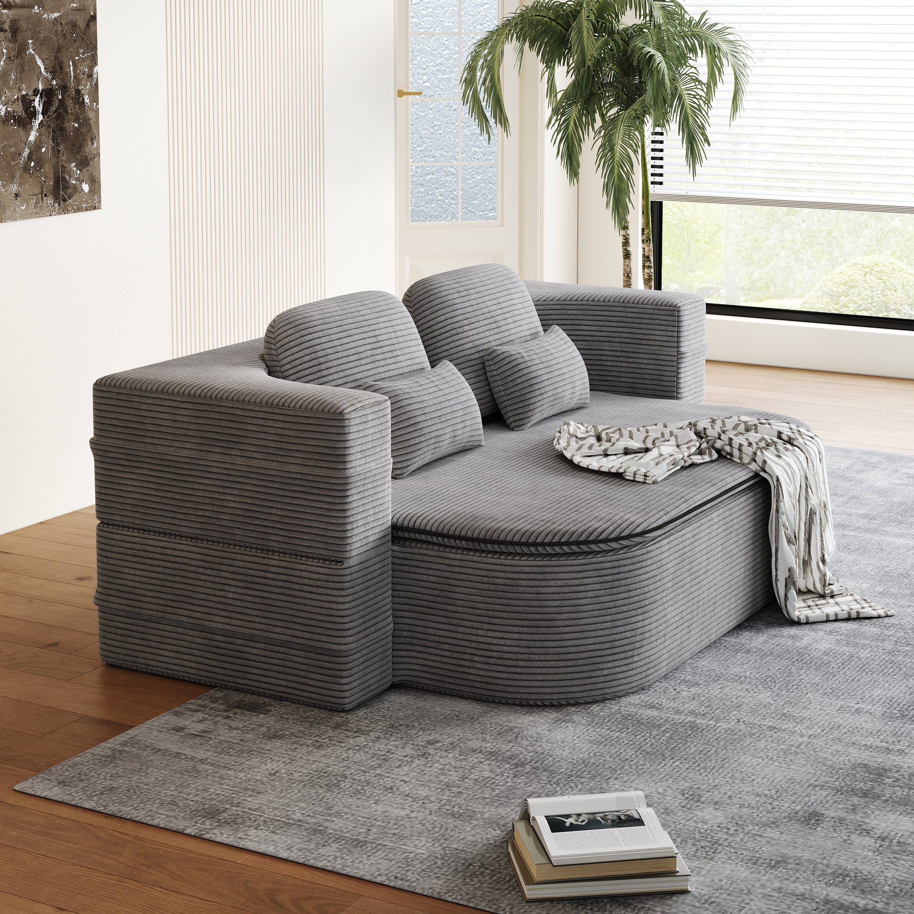 GDFStudio - Lysander Corduroy Foldable Sleeper Sofa Bed with Multi Functional Blanket