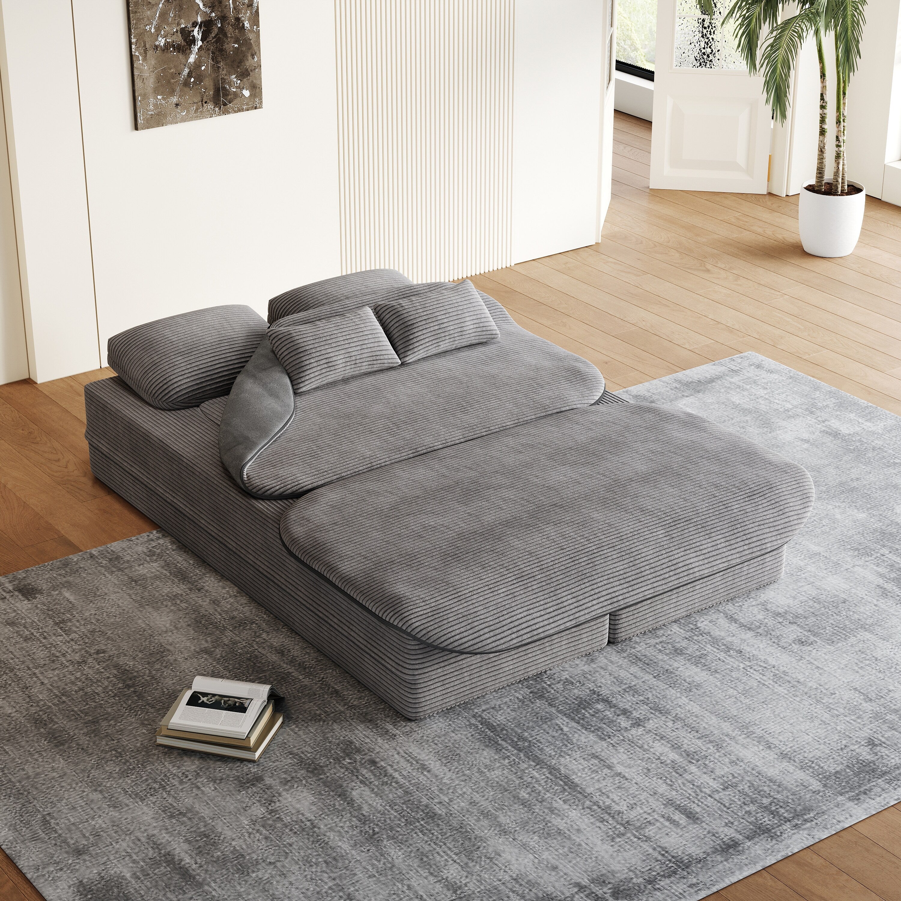 GDFStudio - Lysander Corduroy Foldable Sleeper Sofa Bed with Multi Functional Blanket