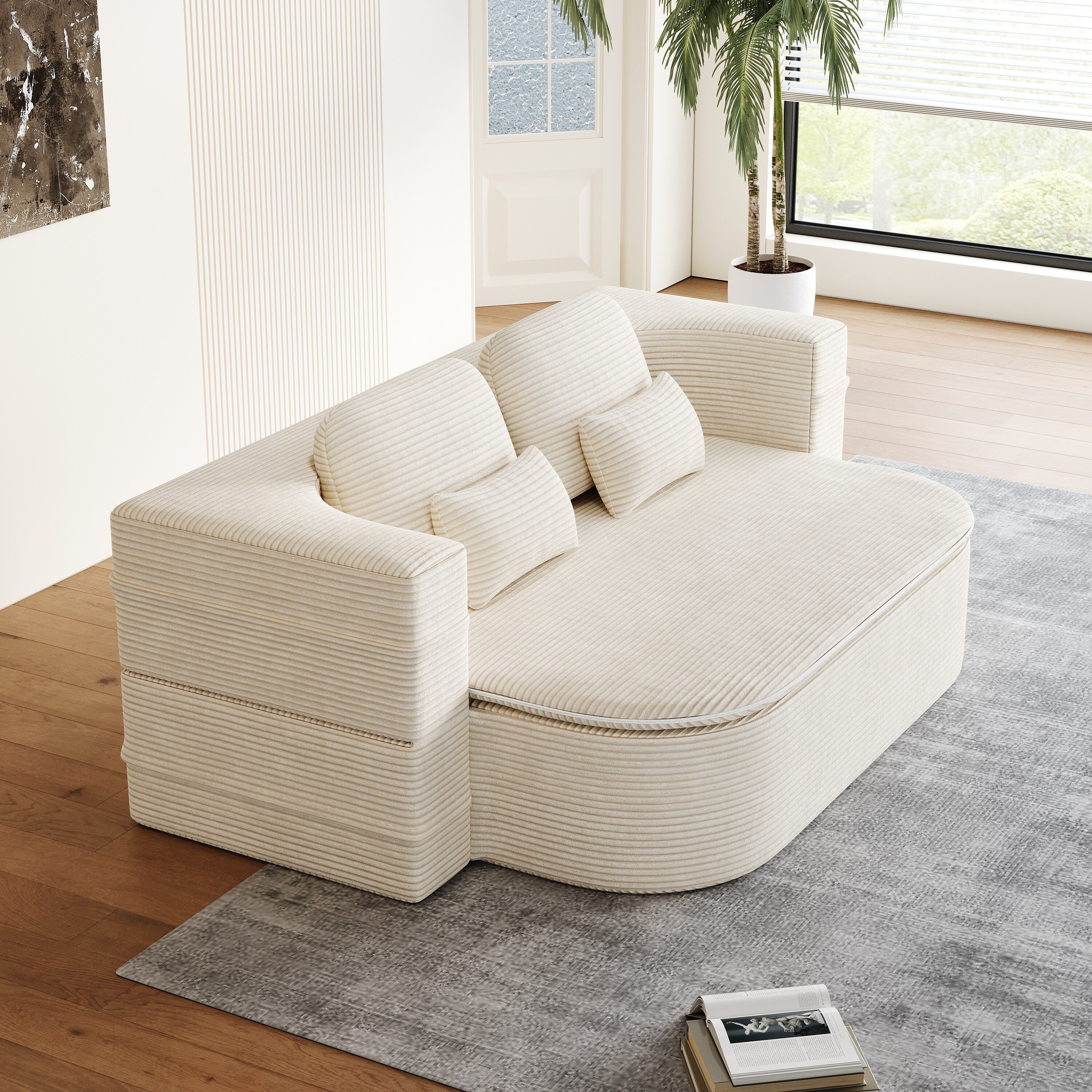 GDFStudio - Lysander Corduroy Foldable Sleeper Sofa Bed with Multi Functional Blanket
