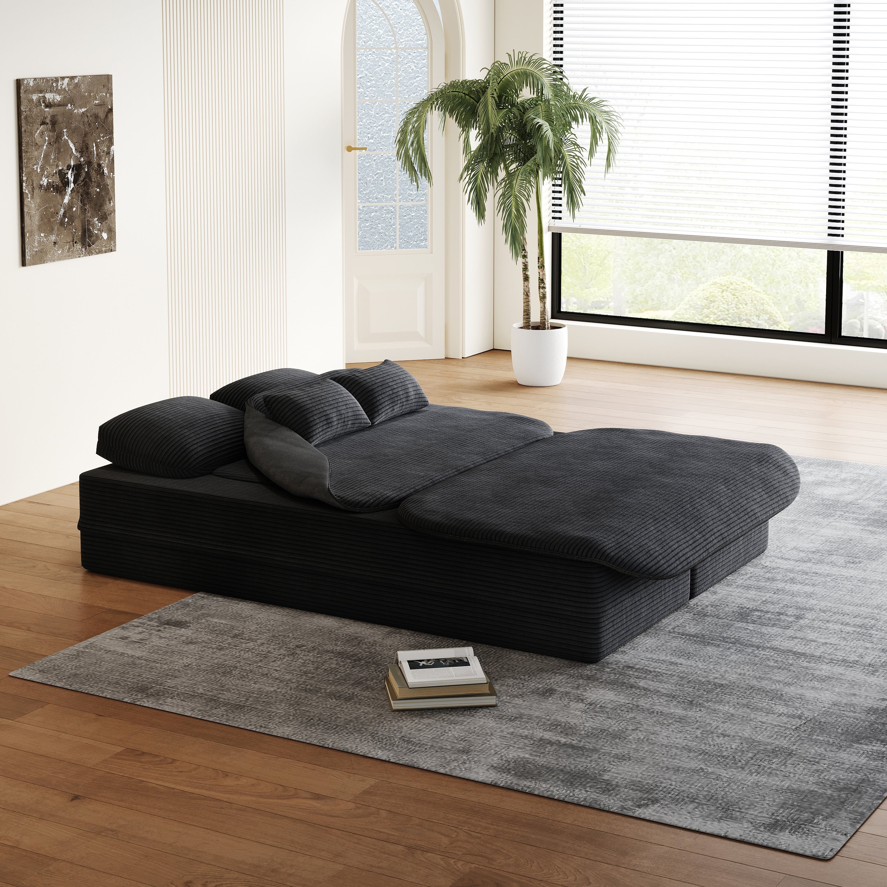 GDFStudio - Lysander Corduroy Foldable Sleeper Sofa Bed with Multi Functional Blanket