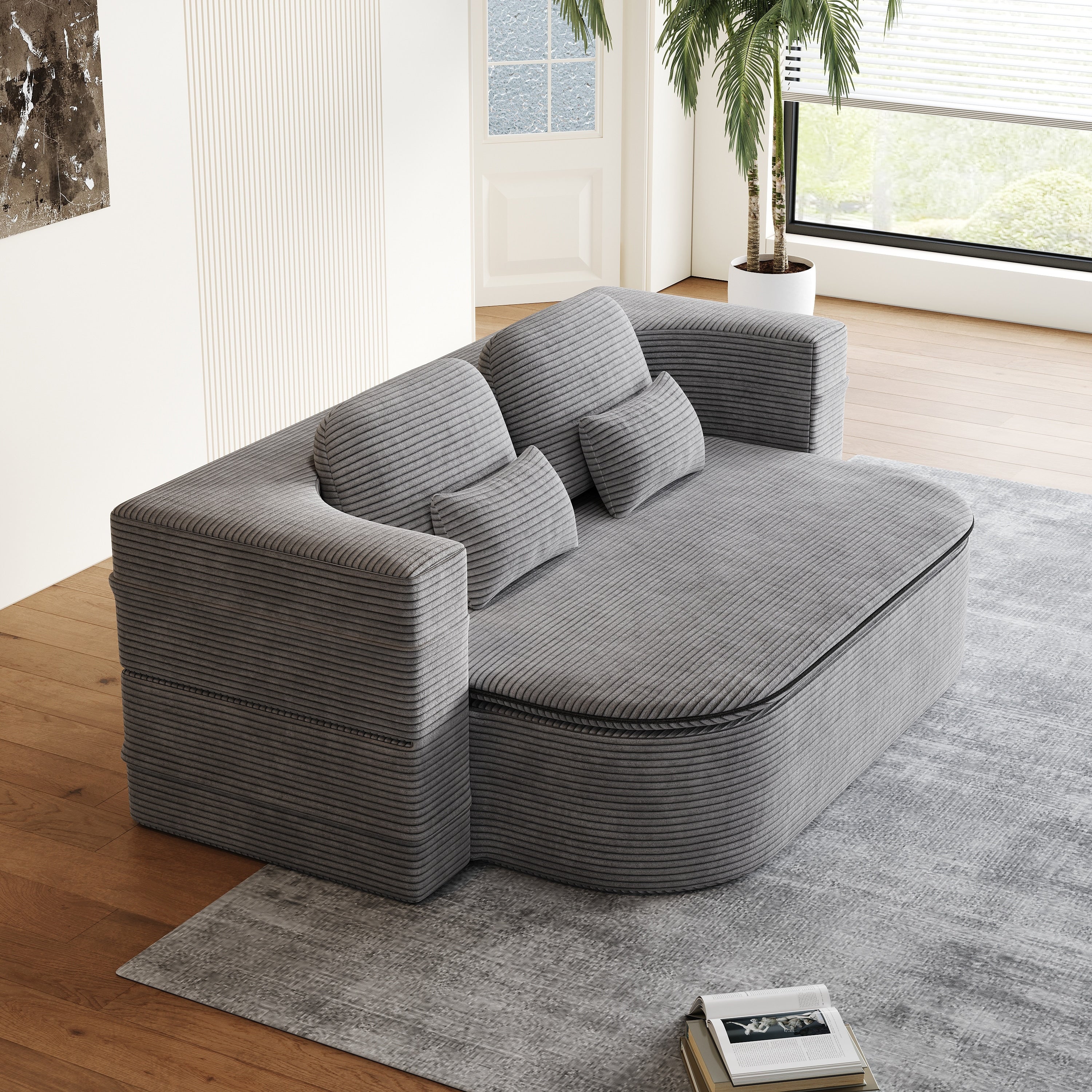 GDFStudio - Lysander Corduroy Foldable Sleeper Sofa Bed with Multi Functional Blanket