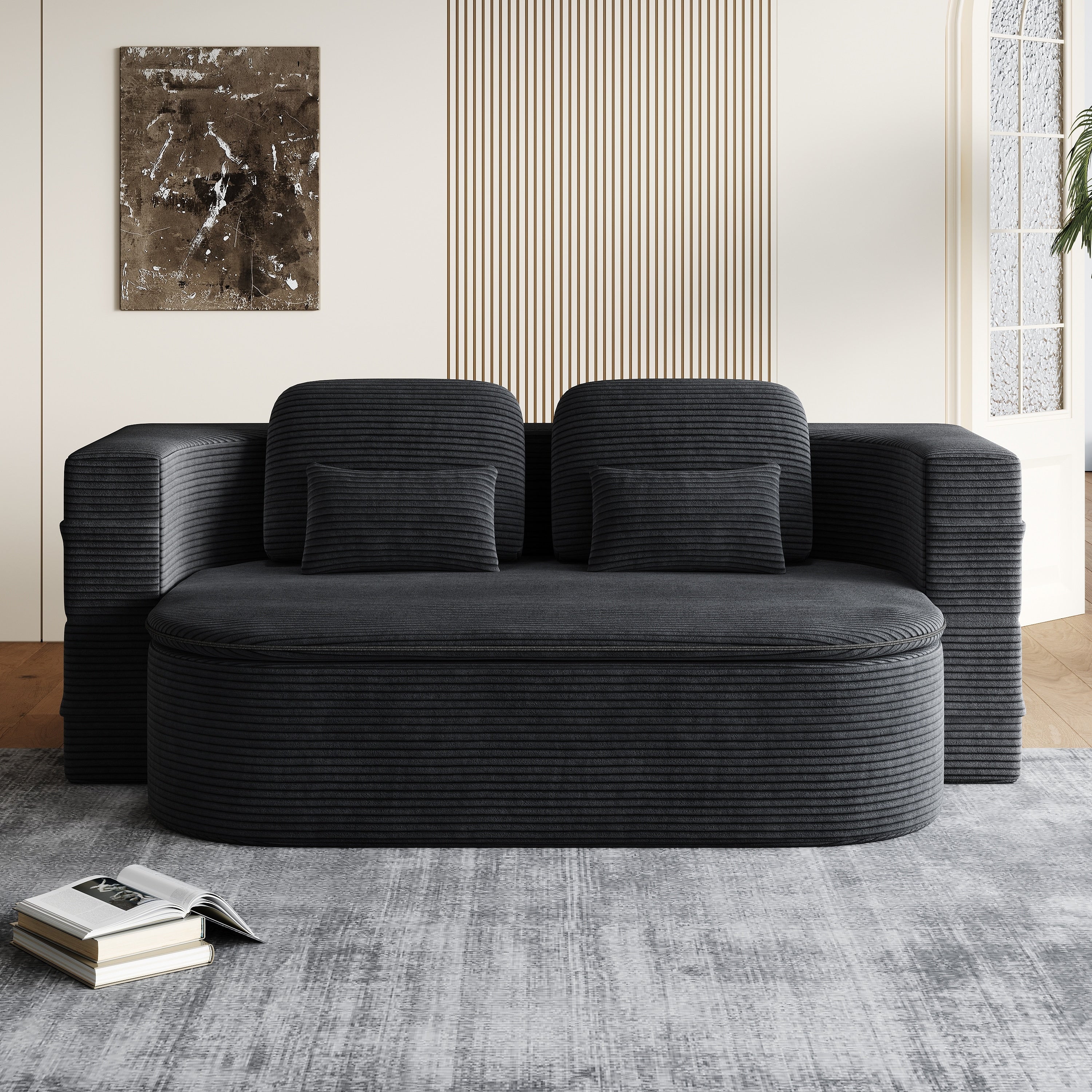 GDFStudio - Lysander Corduroy Foldable Sleeper Sofa Bed with Multi Functional Blanket
