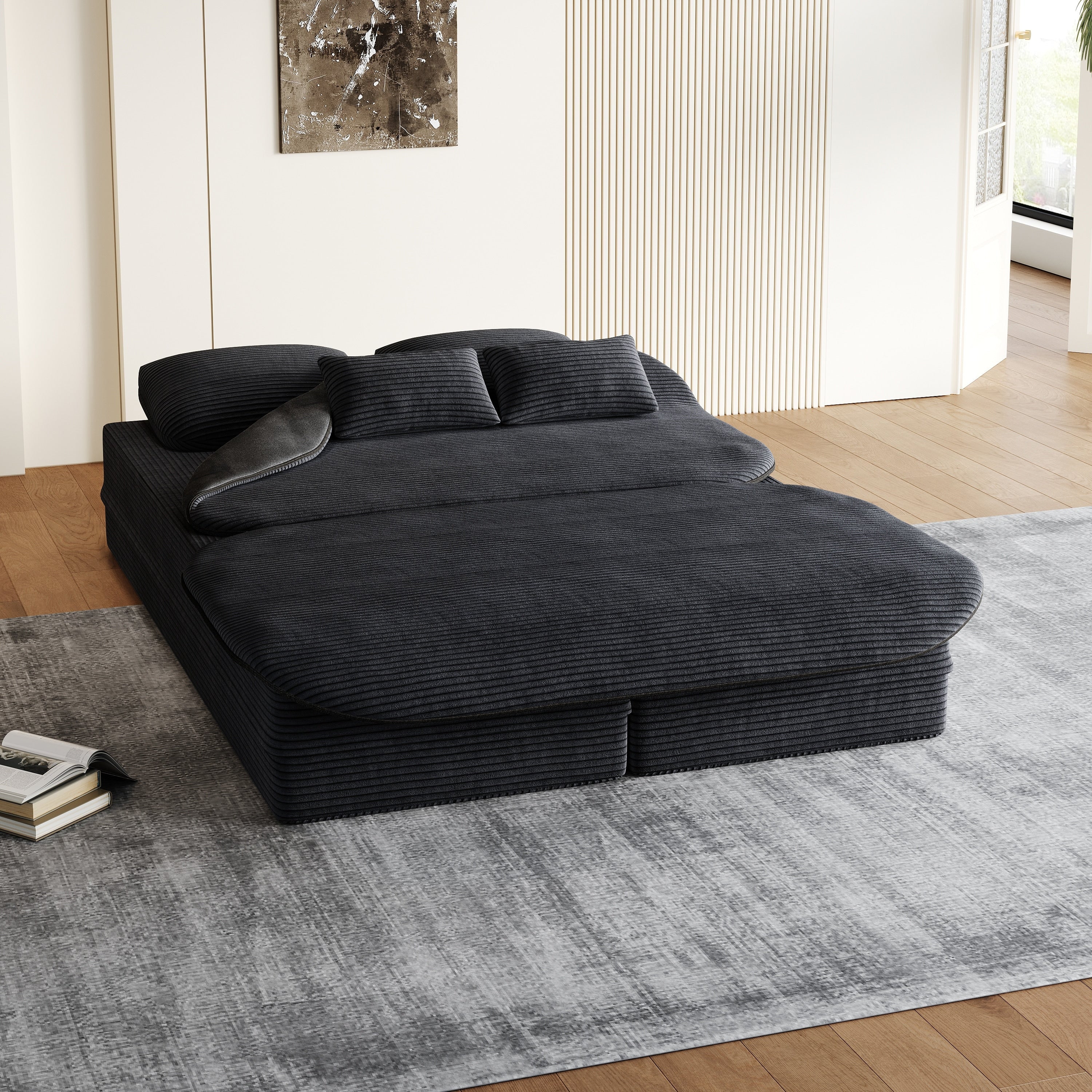 GDFStudio - Lysander Corduroy Foldable Sleeper Sofa Bed with Multi Functional Blanket
