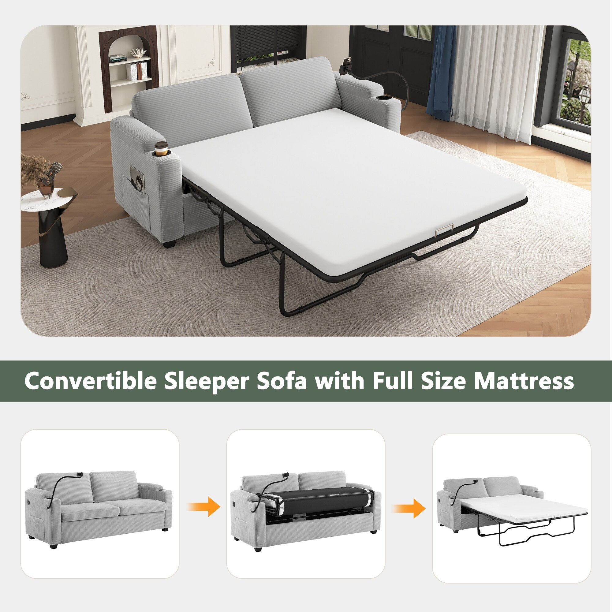 GDFStudio Emily Multifunctional Convertible Corduroy Sleeper Sofa for Small Spaces
