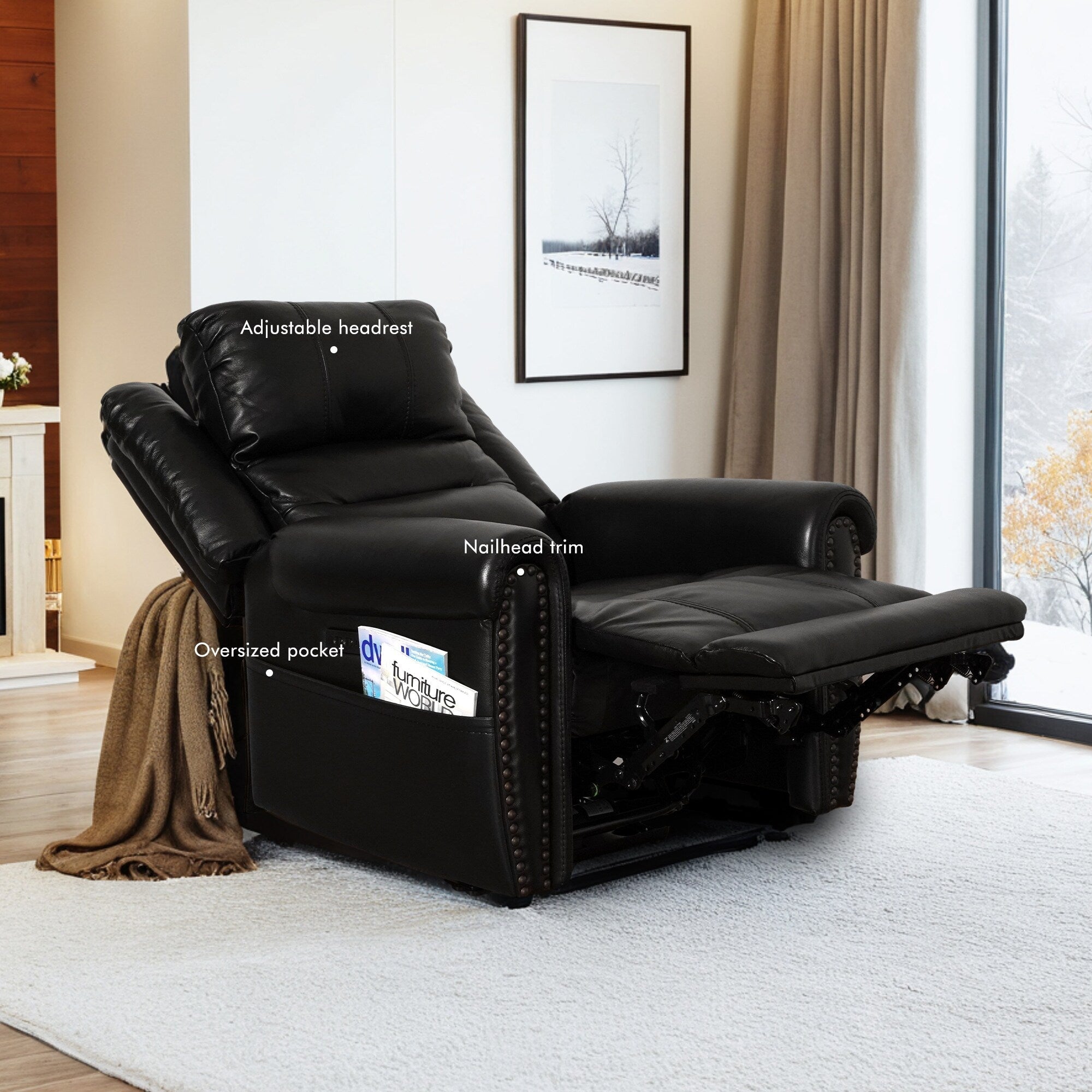 Genuine Leather Black Power Recliner Sofa, Loveseat, Recliner With Adjustable Headrest and Extendable Footrest