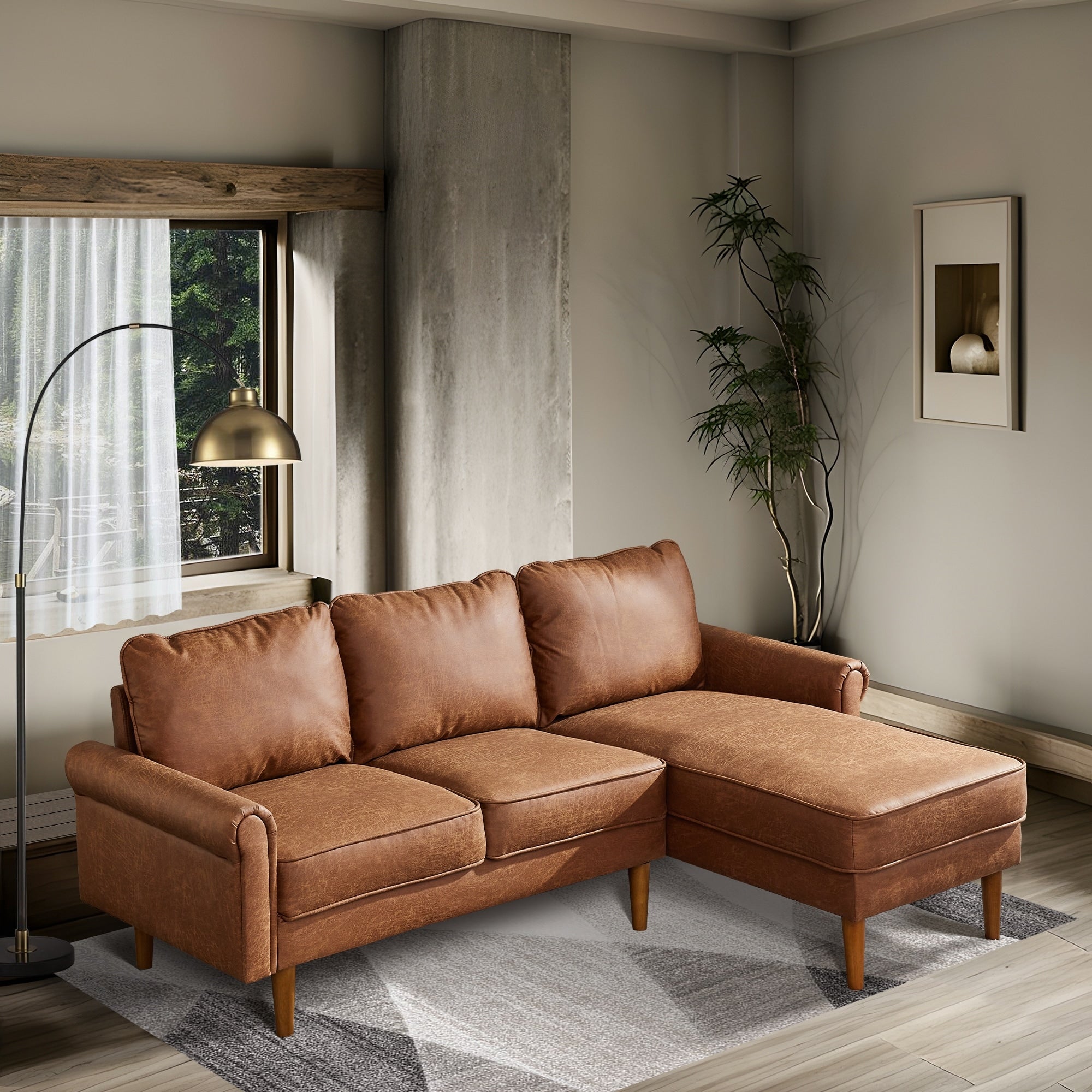 HOOOWOOO Living Room Furniture Mid-Century Suede Sofa with Chaise Lounge