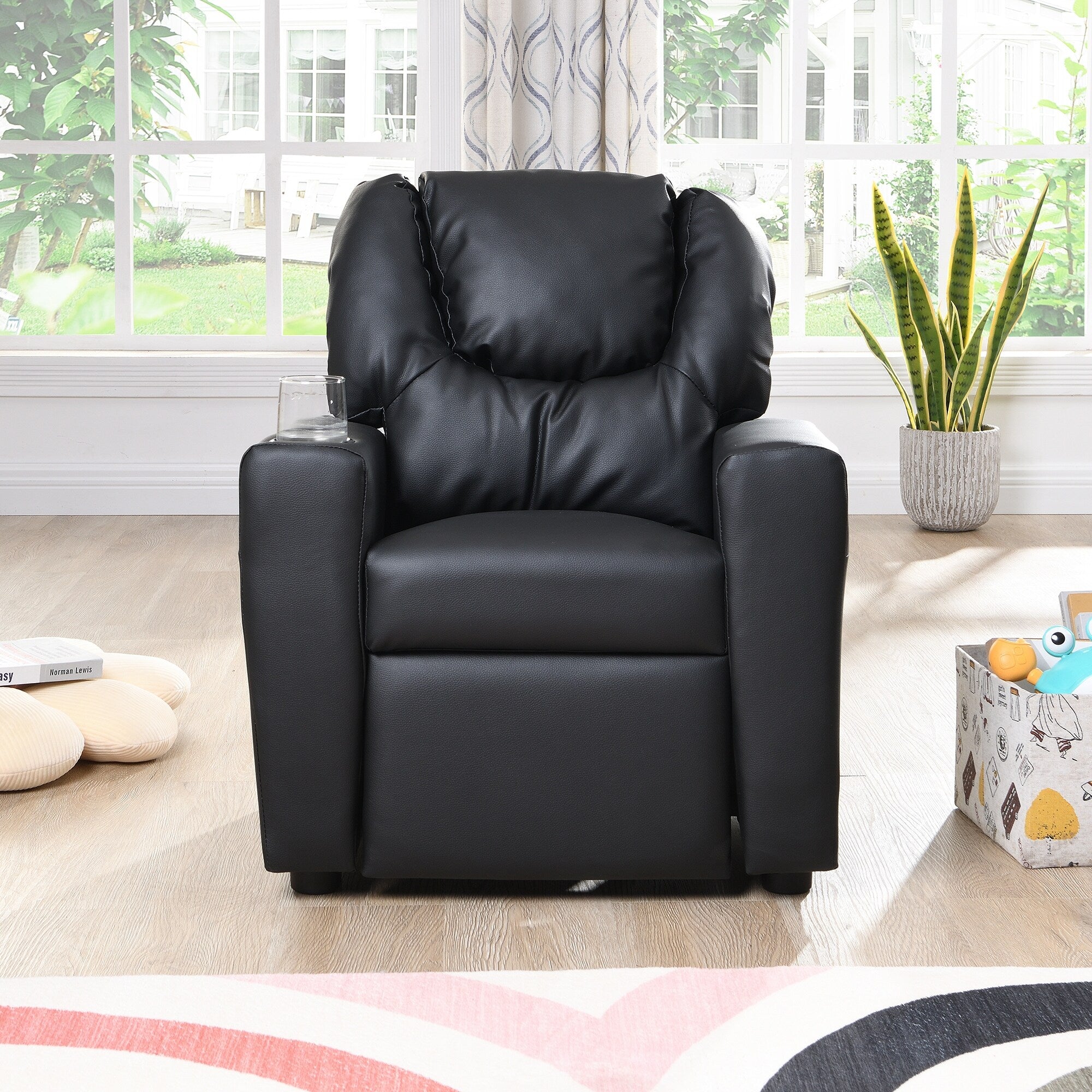 Kids Recliner Chair Black PVC Durable Toddler Chair with Cup Holder Ergonomic Design Easy Assembly 150 lbs Capacity