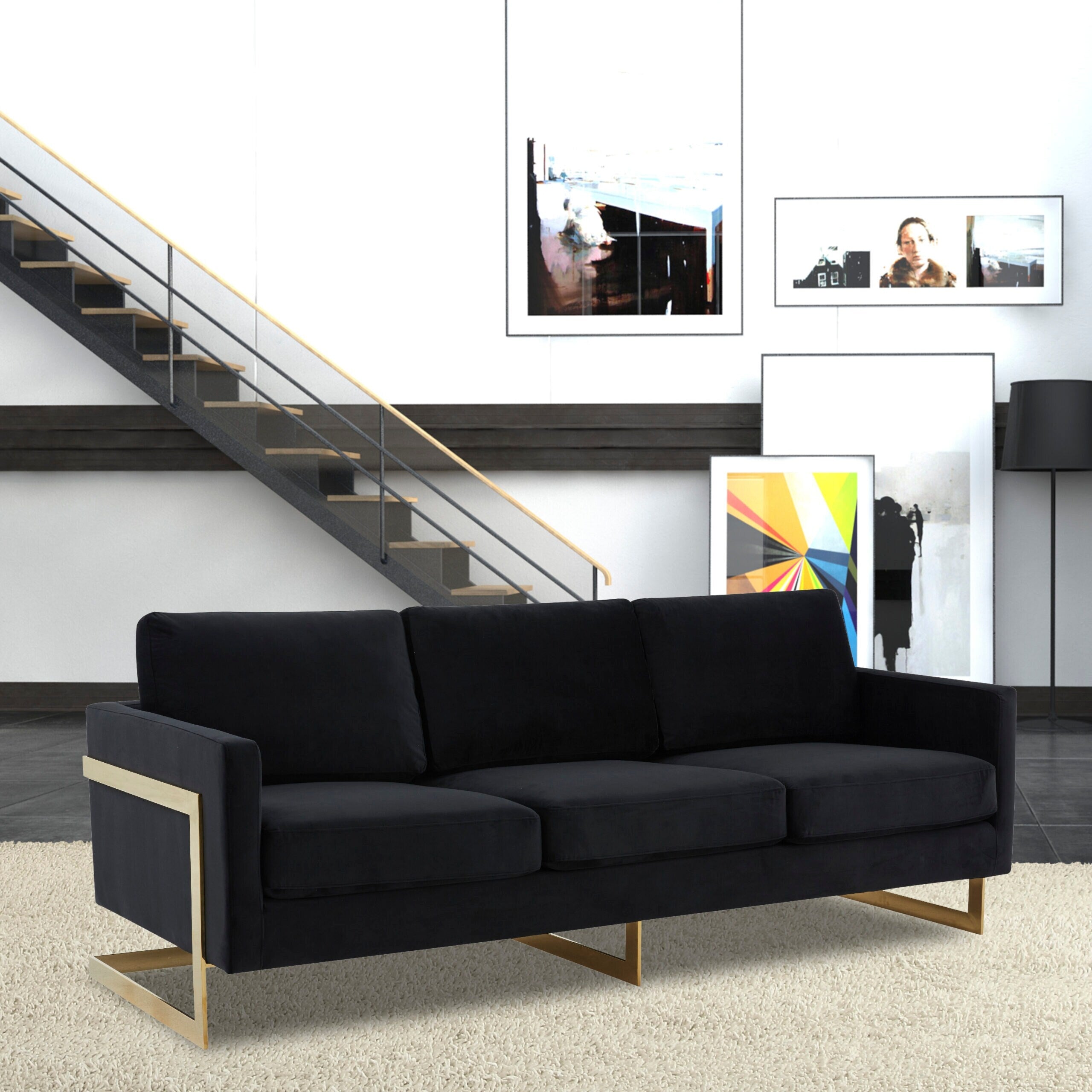 LeisureMod Lincoln Modern Upholstered Velvet Sofa with Gold Frame - 83