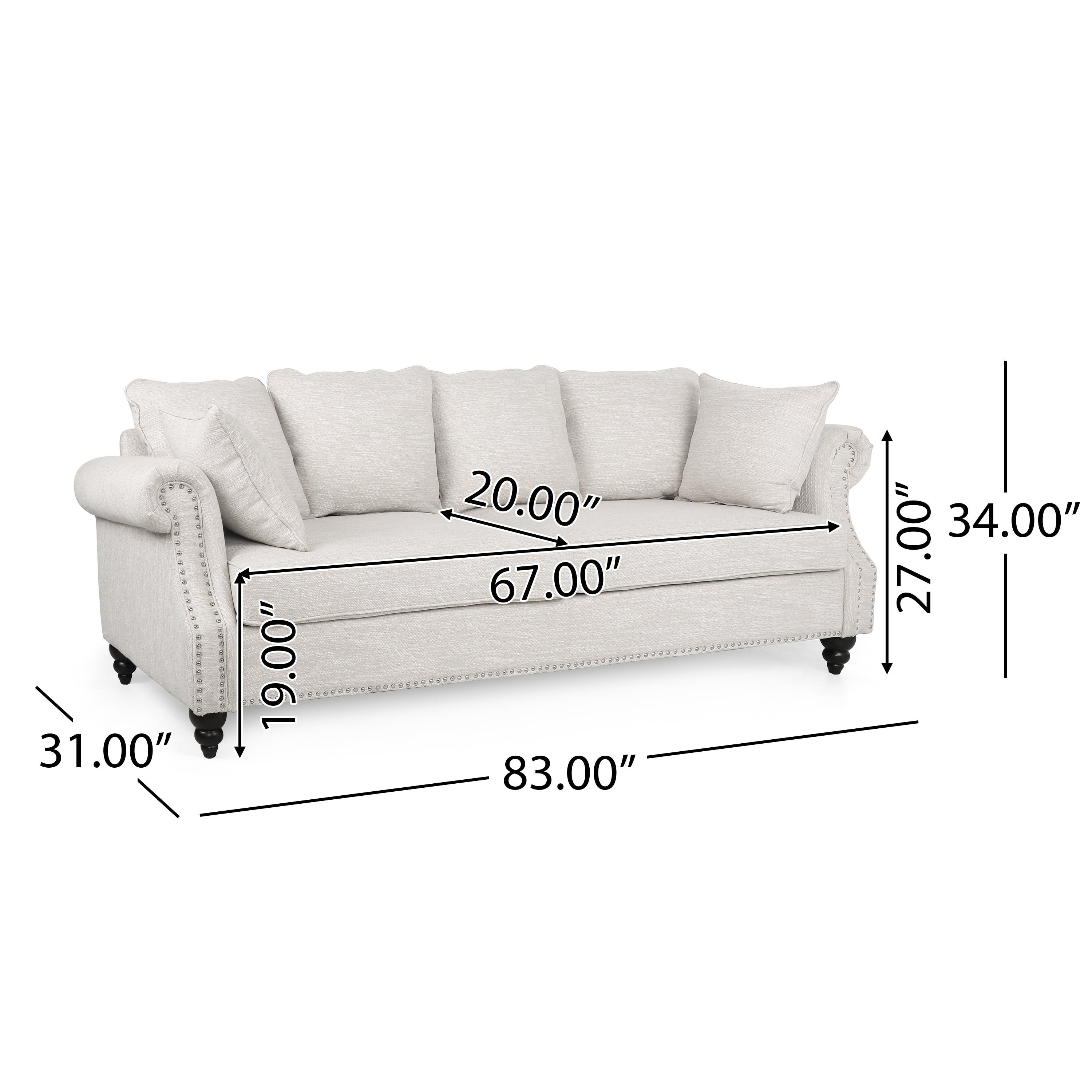 Manbow Fabric Pillowback 3 Seater Sofa with Nailhead Trim by Christopher Knight Home