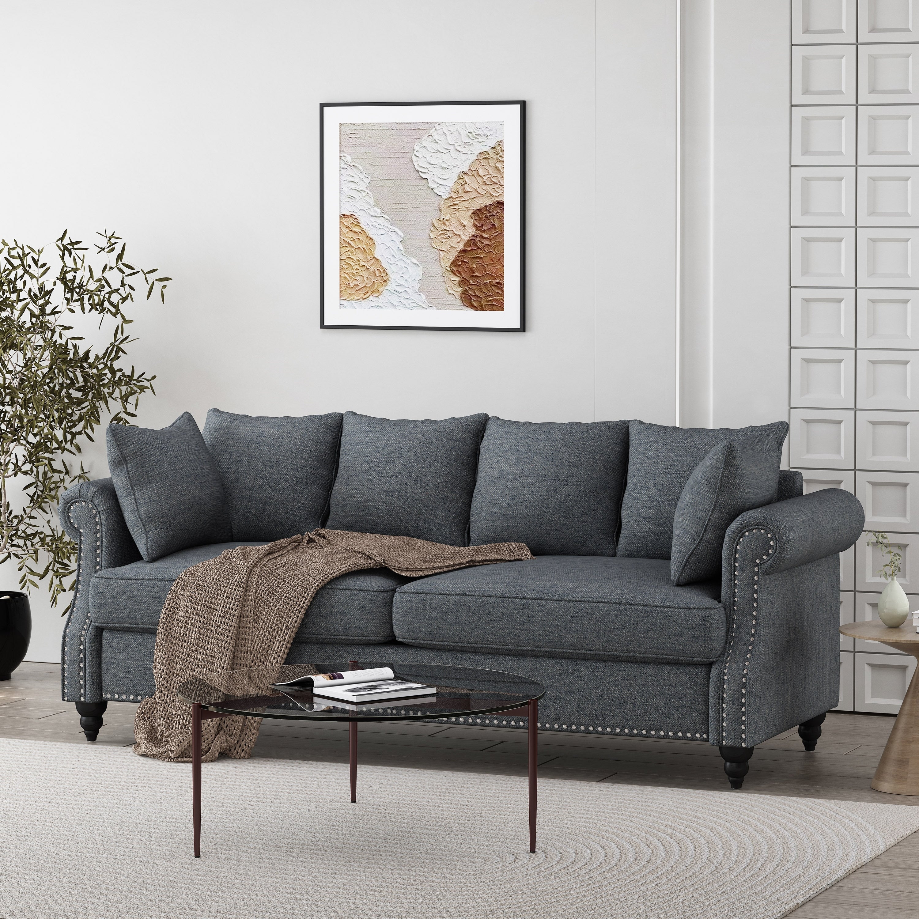 Manbow Fabric Pillowback 3 Seater Sofa with Nailhead Trim by Christopher Knight Home