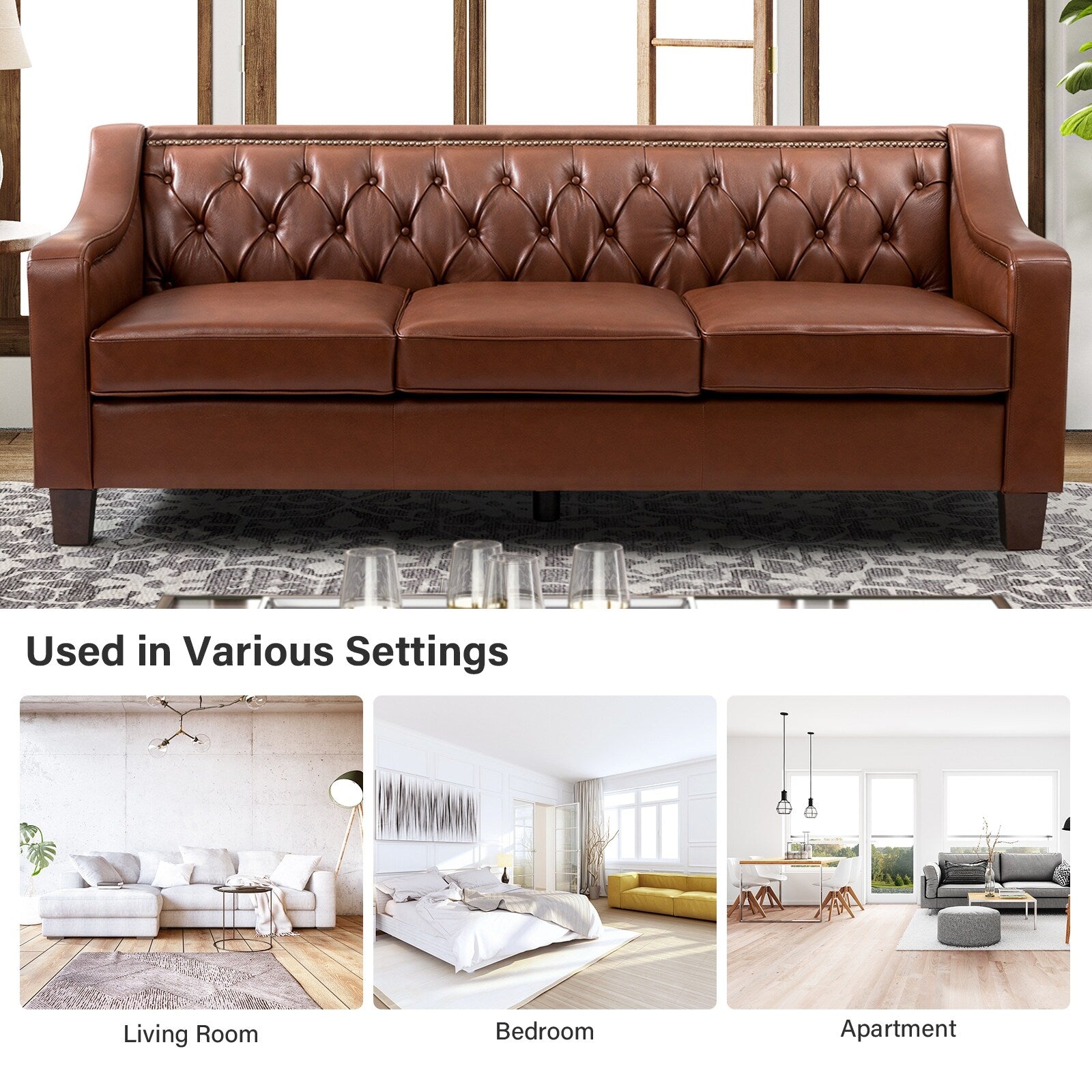 Mateo 82.28 Wide Transitional Genuine Leather Sofa with Nailhead Trim and Button-Tufted Back
