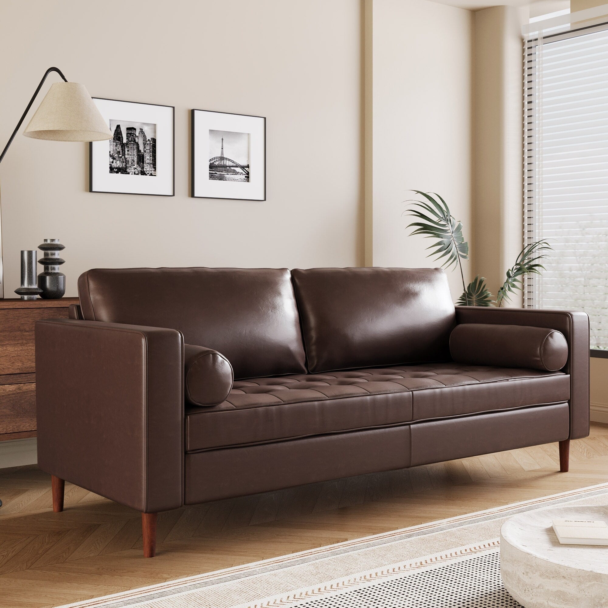 Mirod Mid-Century Modern PU Leather 3-Seat Sofa, Tufted Design, Solid Wood Legs, 2 Bolster Pillows