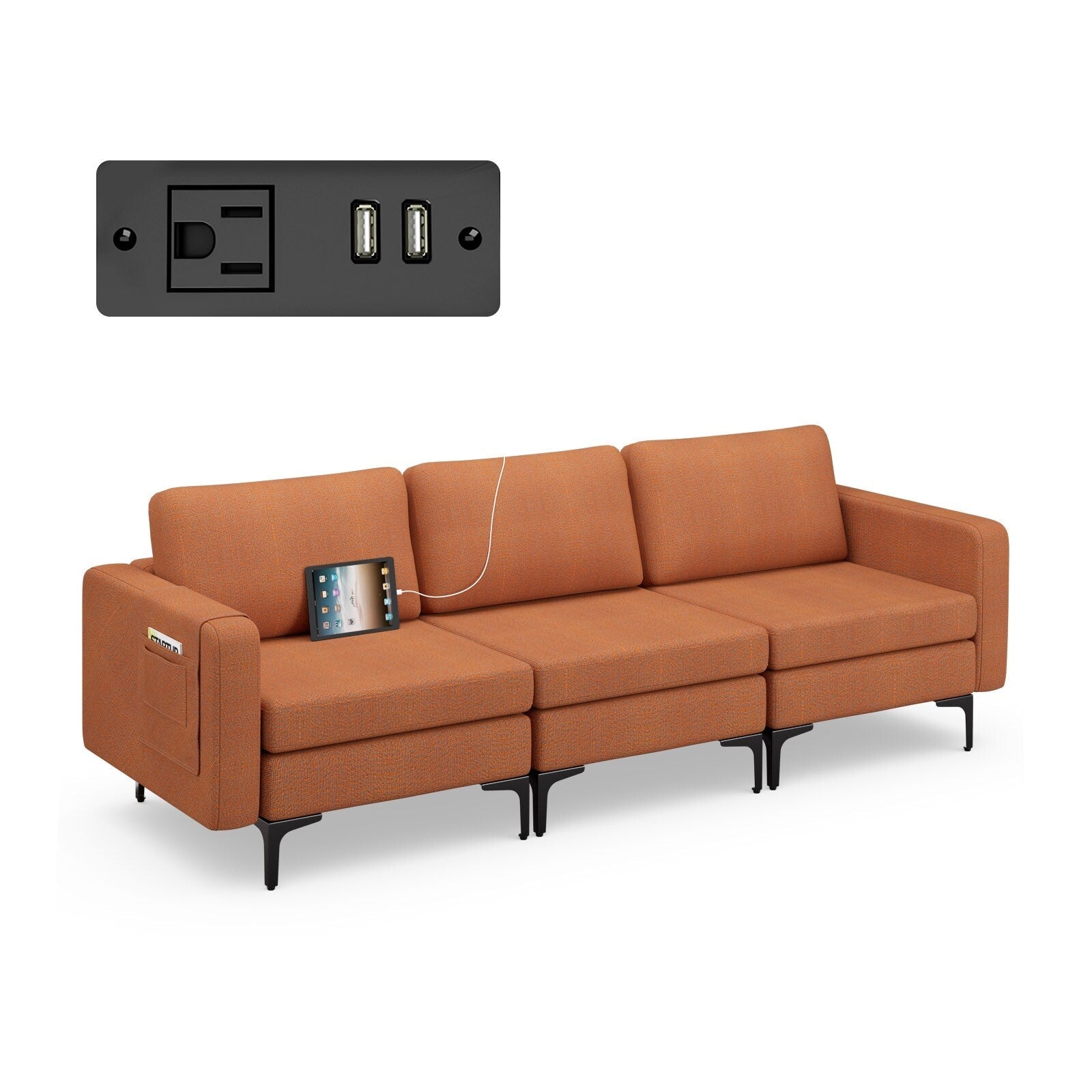 Modern 3-Seat Sofa with Linen Fabric Metal Frame and Detachable Caddy - 94.5 x 32.5 x 32.5(L x W x H)