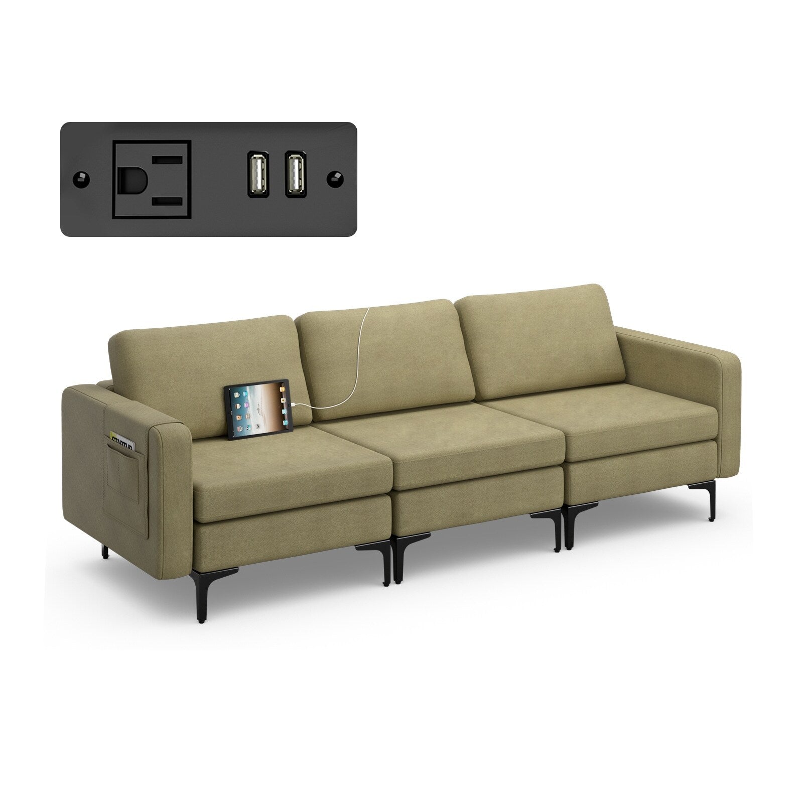 Modern 3-Seat Sofa with Linen Fabric Metal Frame and Detachable Caddy - 94.5 x 32.5 x 32.5(L x W x H)