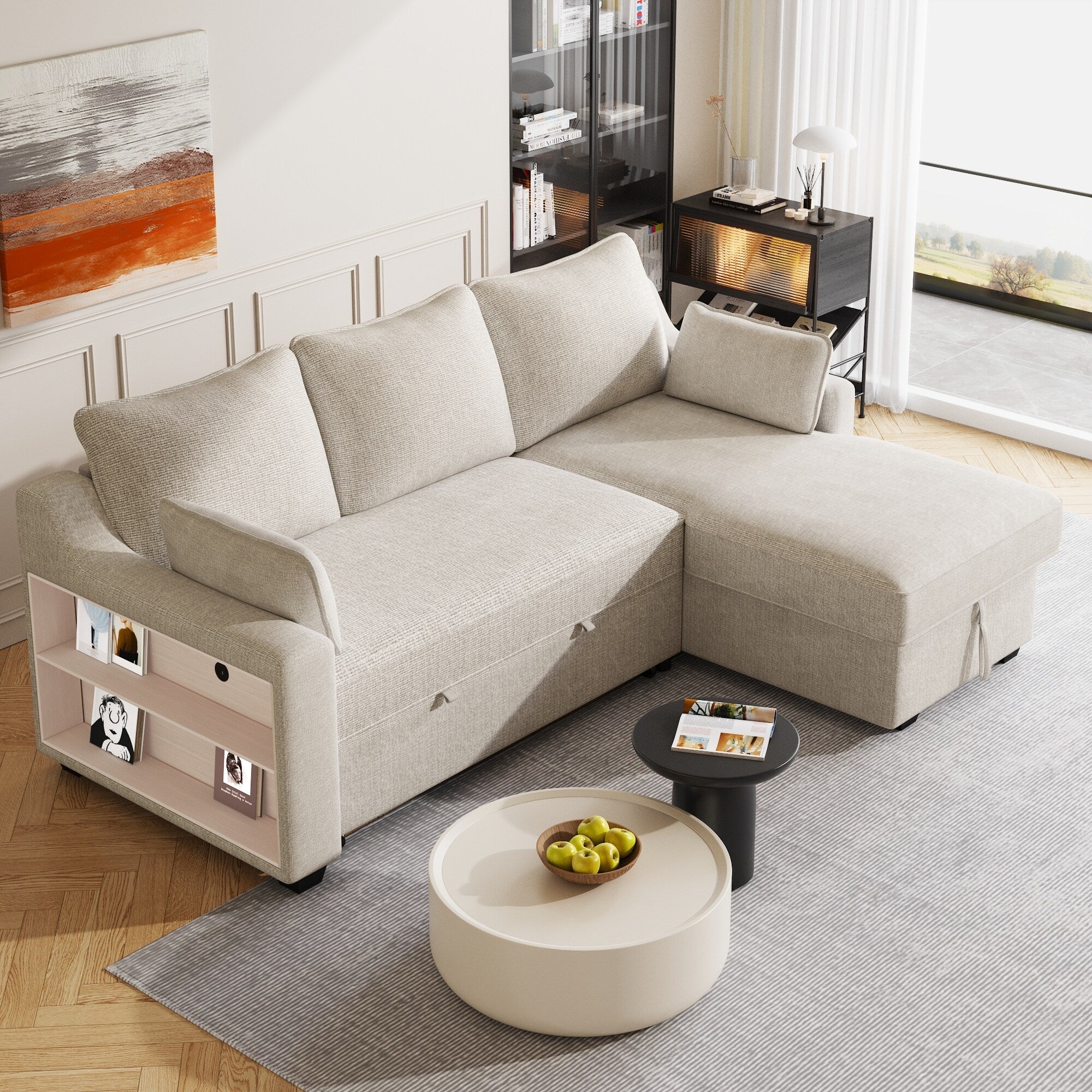 Modern L-Shaped Convertible Sofa Bed with Storage Chaise, USB Ports and Storage Racks for Living Room