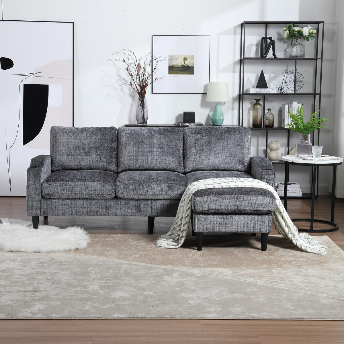 Modern L-Shaped Free-Combined Modular Sofa Couch With Storage Ottoman,Pillows,Cup Holders,Side Pockets, 3 Seat