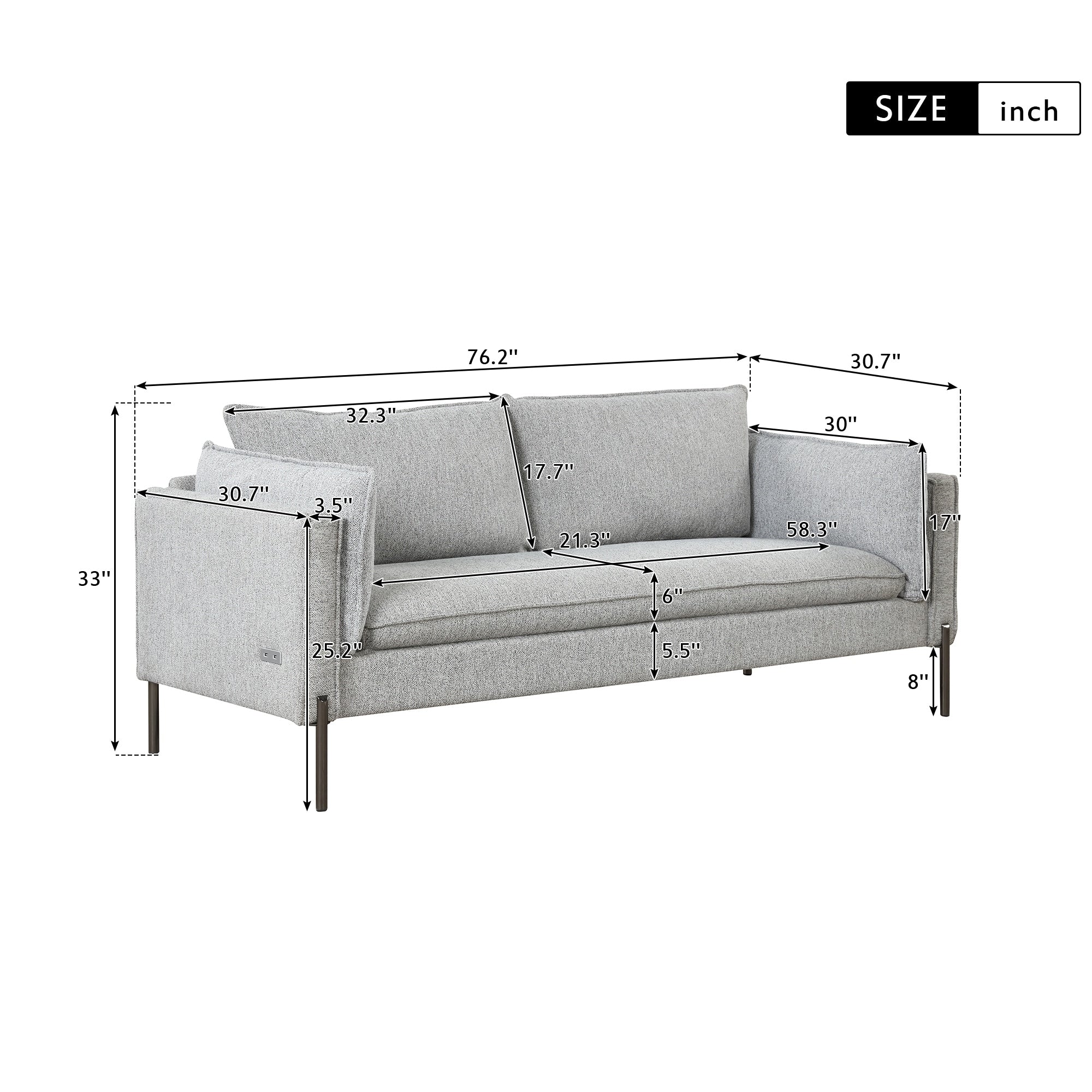 Modern Style 3 Seat Sofa Linen Fabric Upholstered Couch Furniture