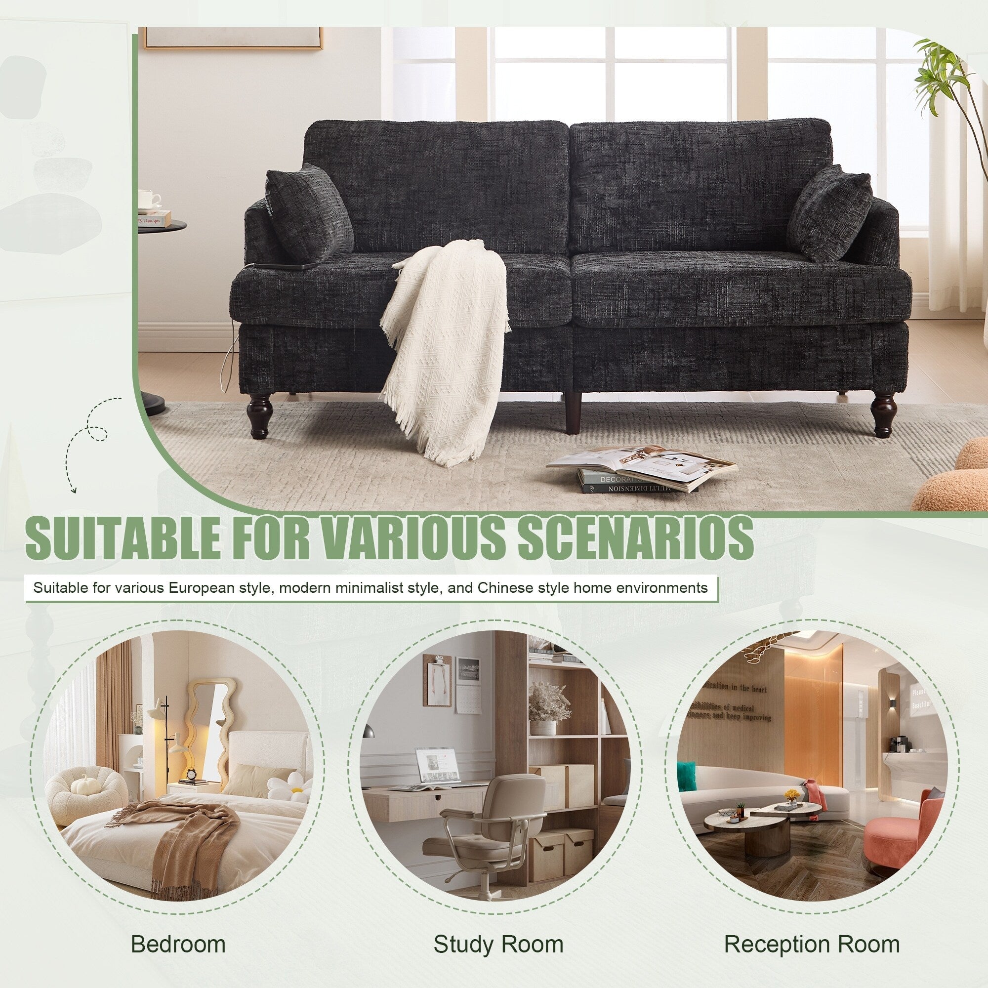 Modern Style Chenille 2-Seater Wood-Legged Sofa With Led Light, Usb Charging Port And Storage Bag Living Room Bedroom Study Room